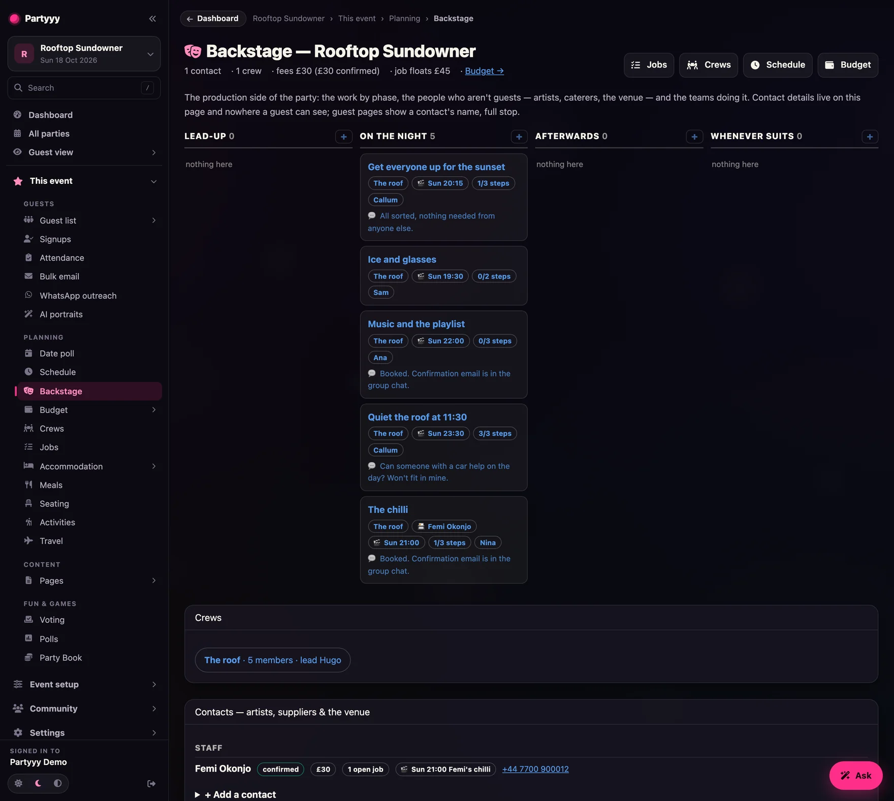 The Backstage desk: jobs as a phase board, crews, and a contact book with booking status and fees