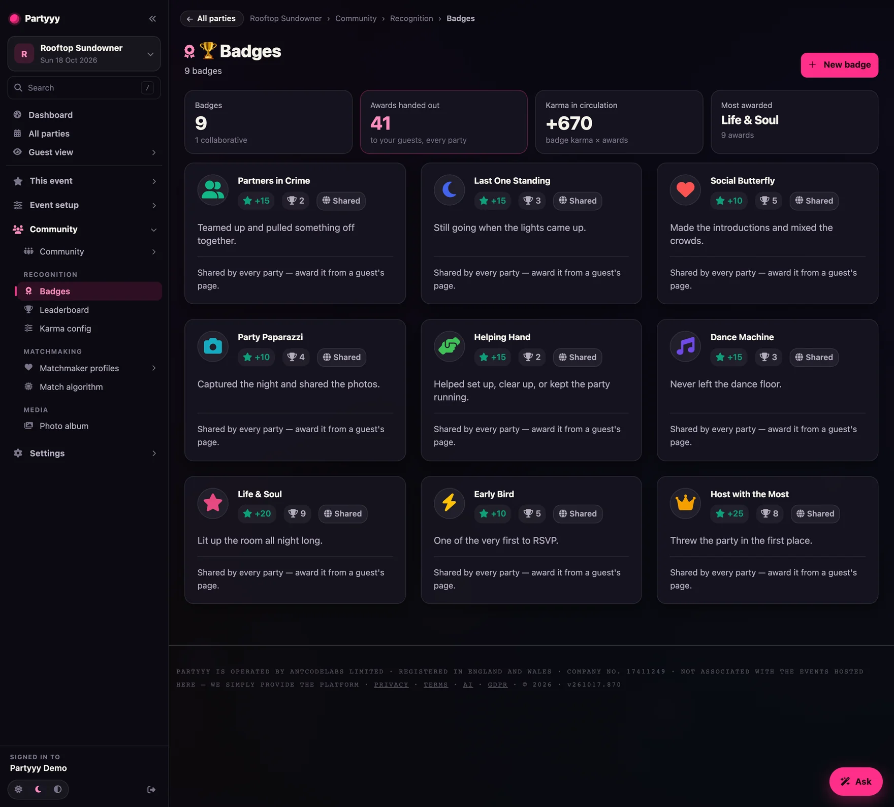 Badge management screen with icons, colours and karma values