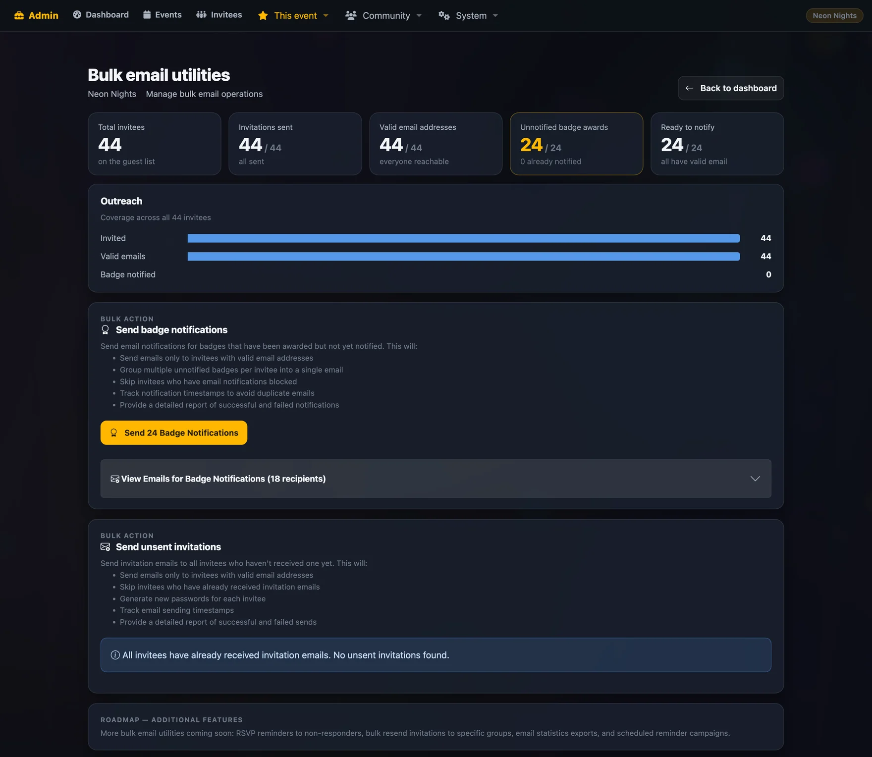 Bulk email tool with audience selection and send controls