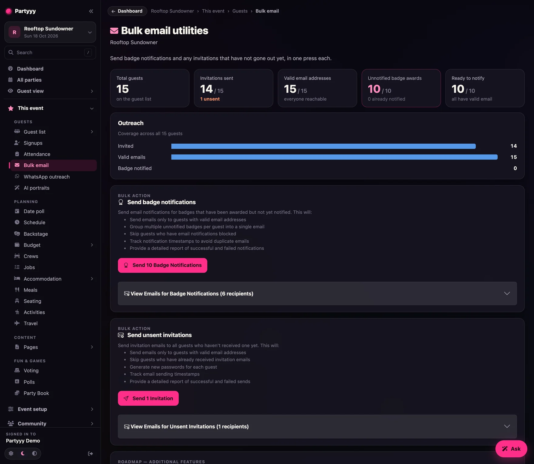 Bulk email tool with audience selection and send controls