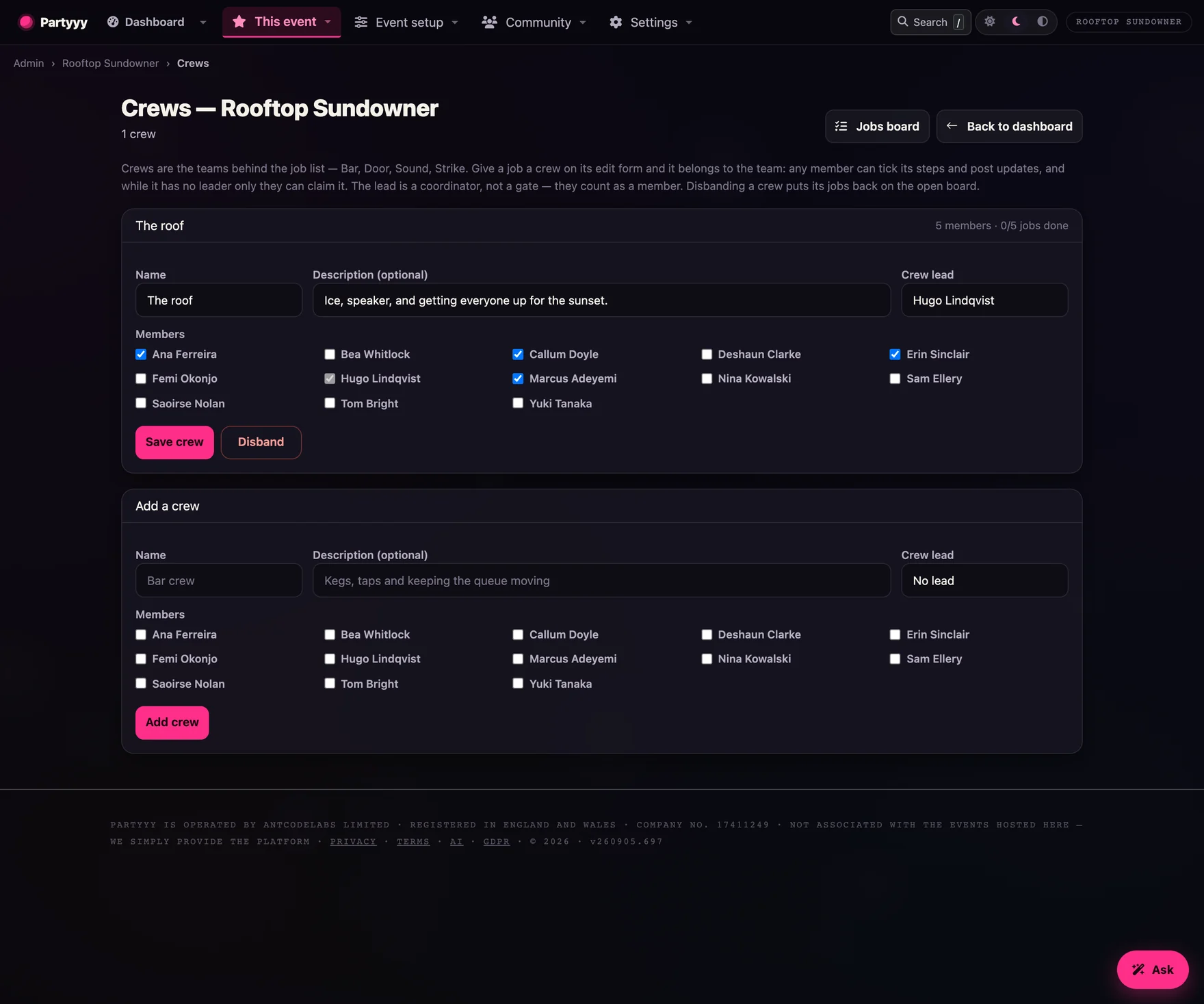 Crew management with named teams, a lead and members drawn from the guest list
