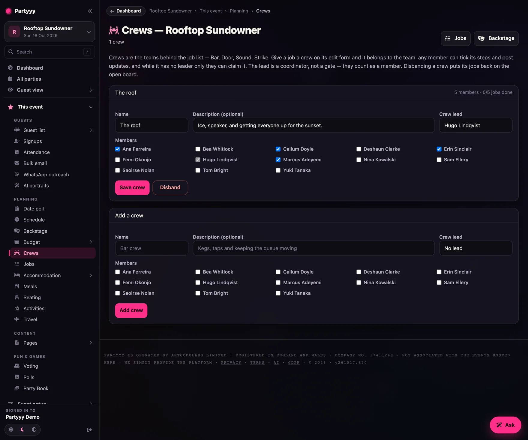 Crew management with named teams, a lead and members drawn from the guest list