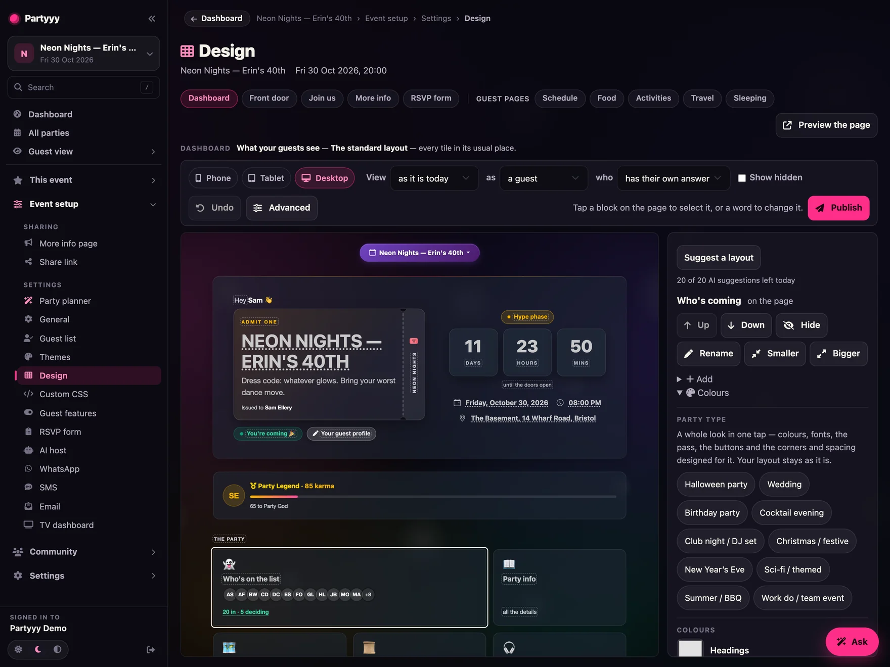 The designer: the real guest dashboard in the middle with the who's-coming tile selected, and a panel offering to move it up or down, hide it, rename it or make it smaller or bigger, above the party-type looks and the colours