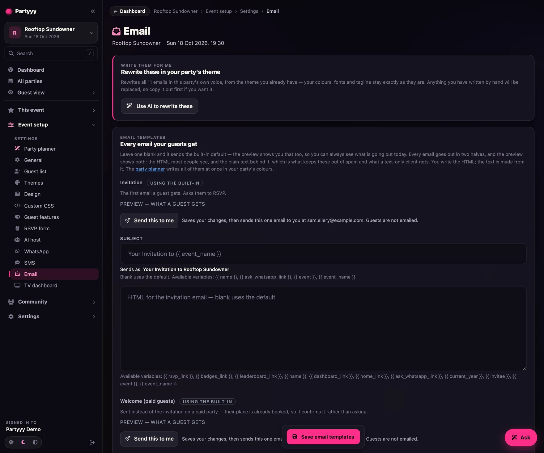 Email template editor listing the ten per-event templates, each with an HTML and a plain-text preview