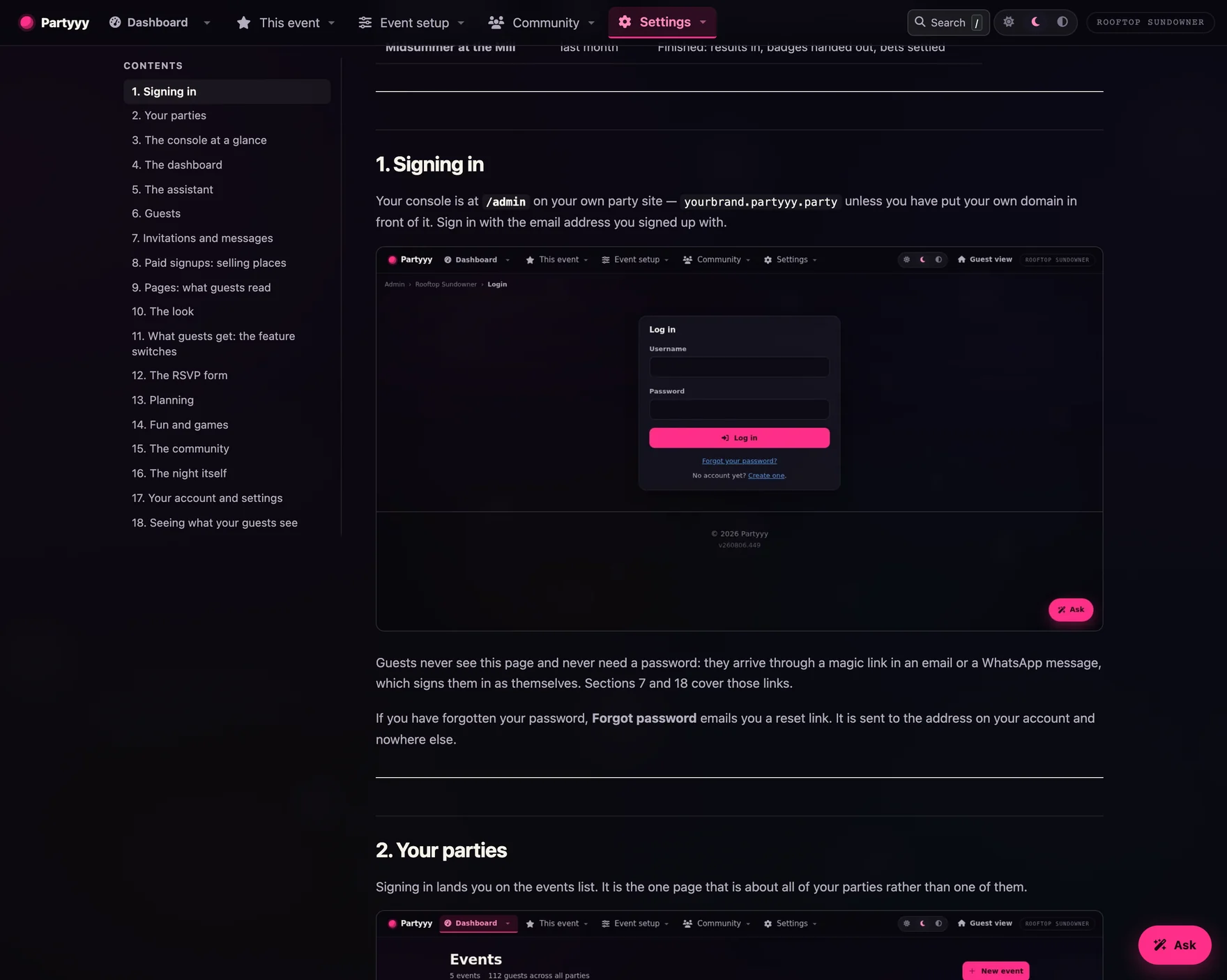 The host's guide inside the console: the contents rail down the left and the Signing in section with its own screenshot