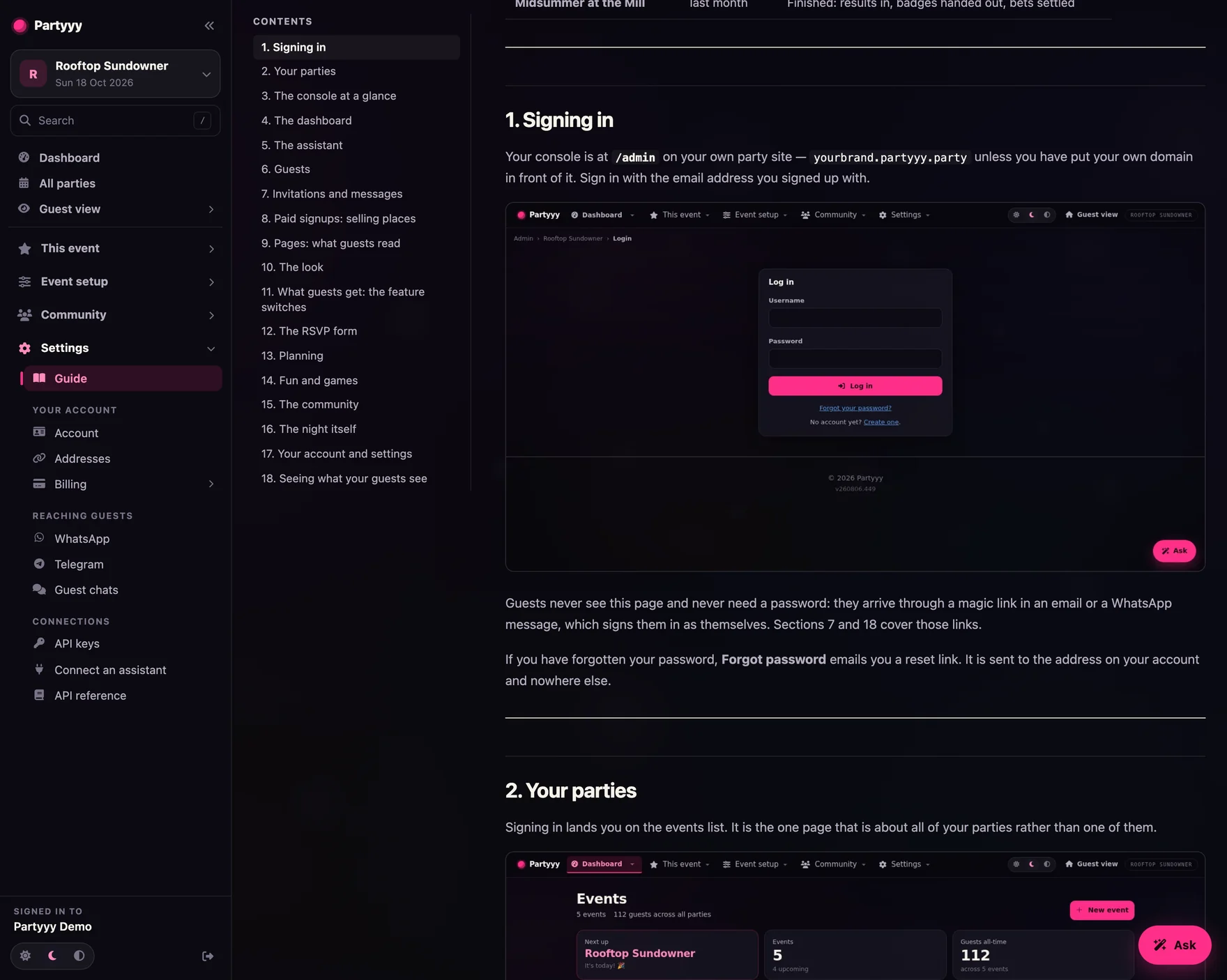 The host's guide inside the console: the contents rail down the left and the Signing in section with its own screenshot