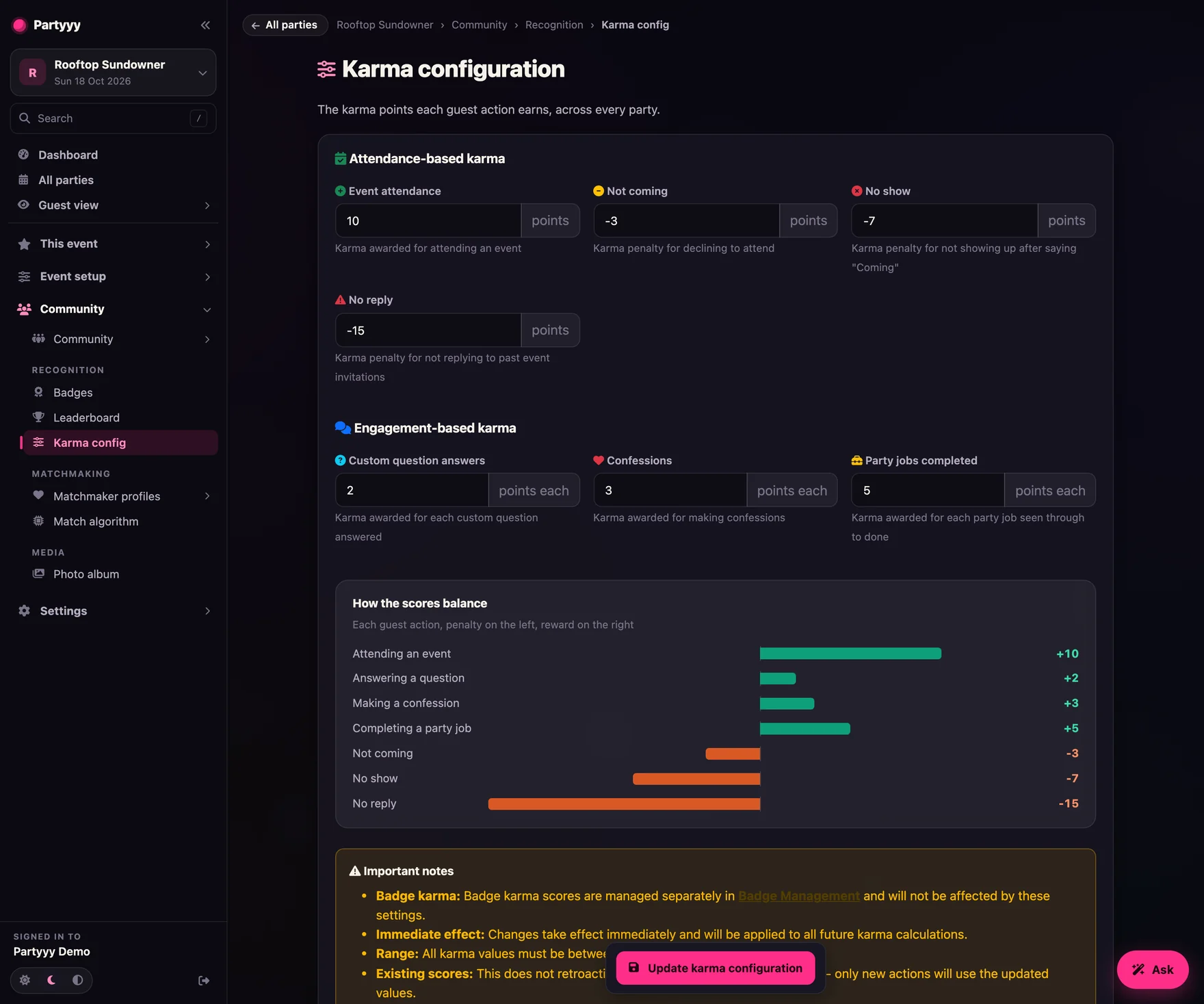 Karma configuration screen with per-action point weights