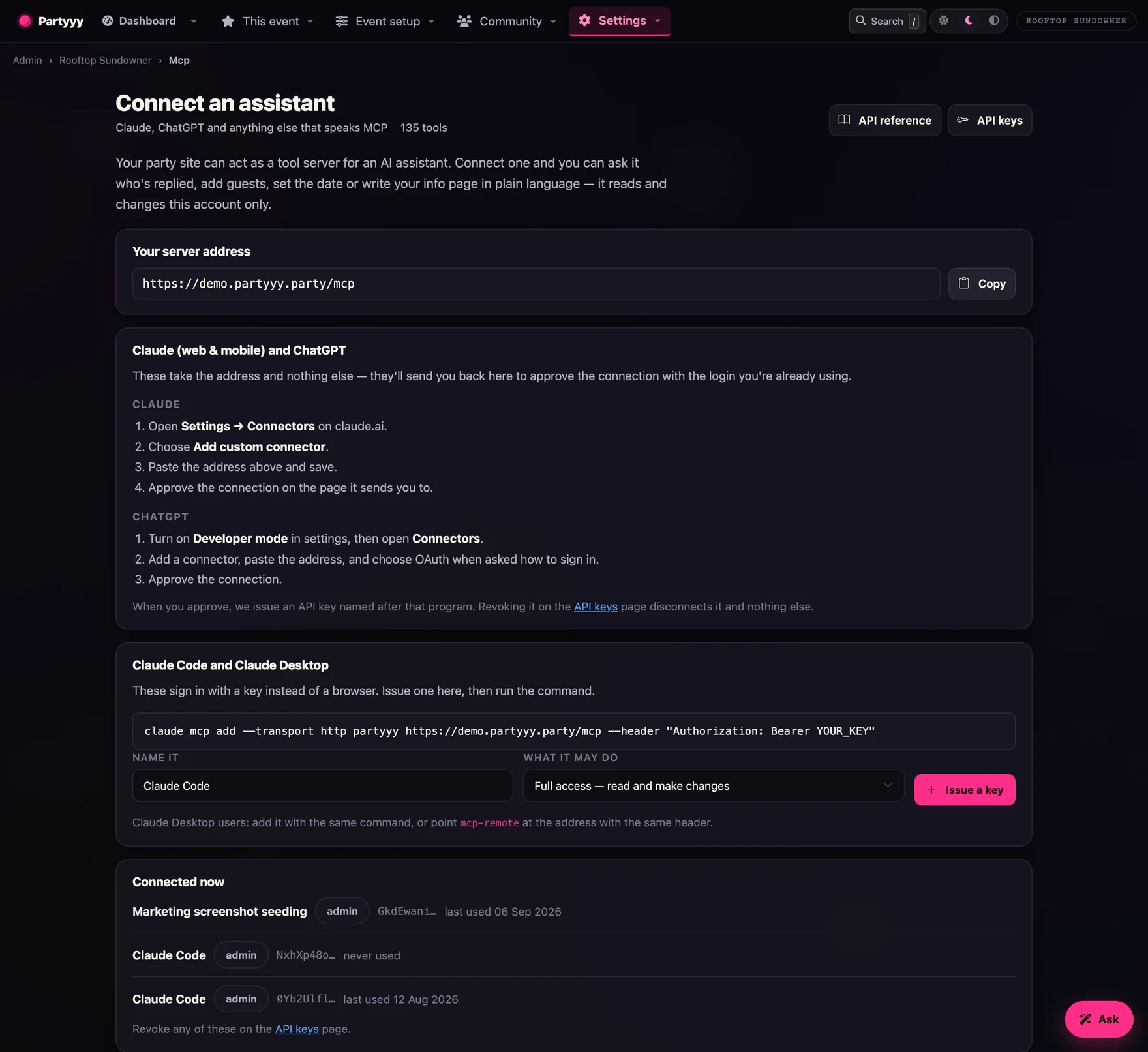 The Connect an assistant page, with the party site's MCP address, the connector steps for Claude and ChatGPT, and the key issuer for Claude Code and Claude Desktop