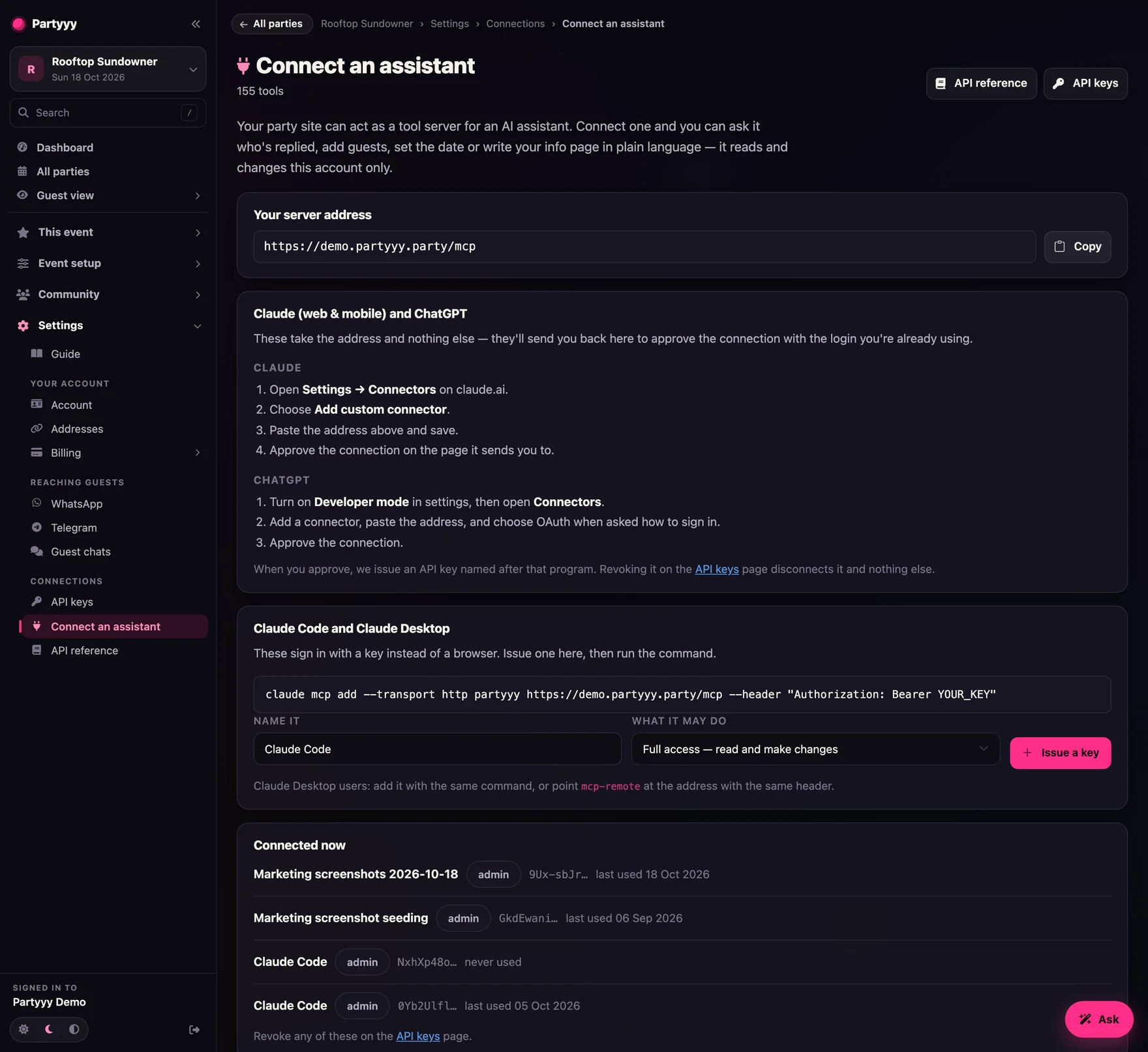 The Connect an assistant page, with the party site's MCP address, the connector steps for Claude and ChatGPT, and the key issuer for Claude Code and Claude Desktop