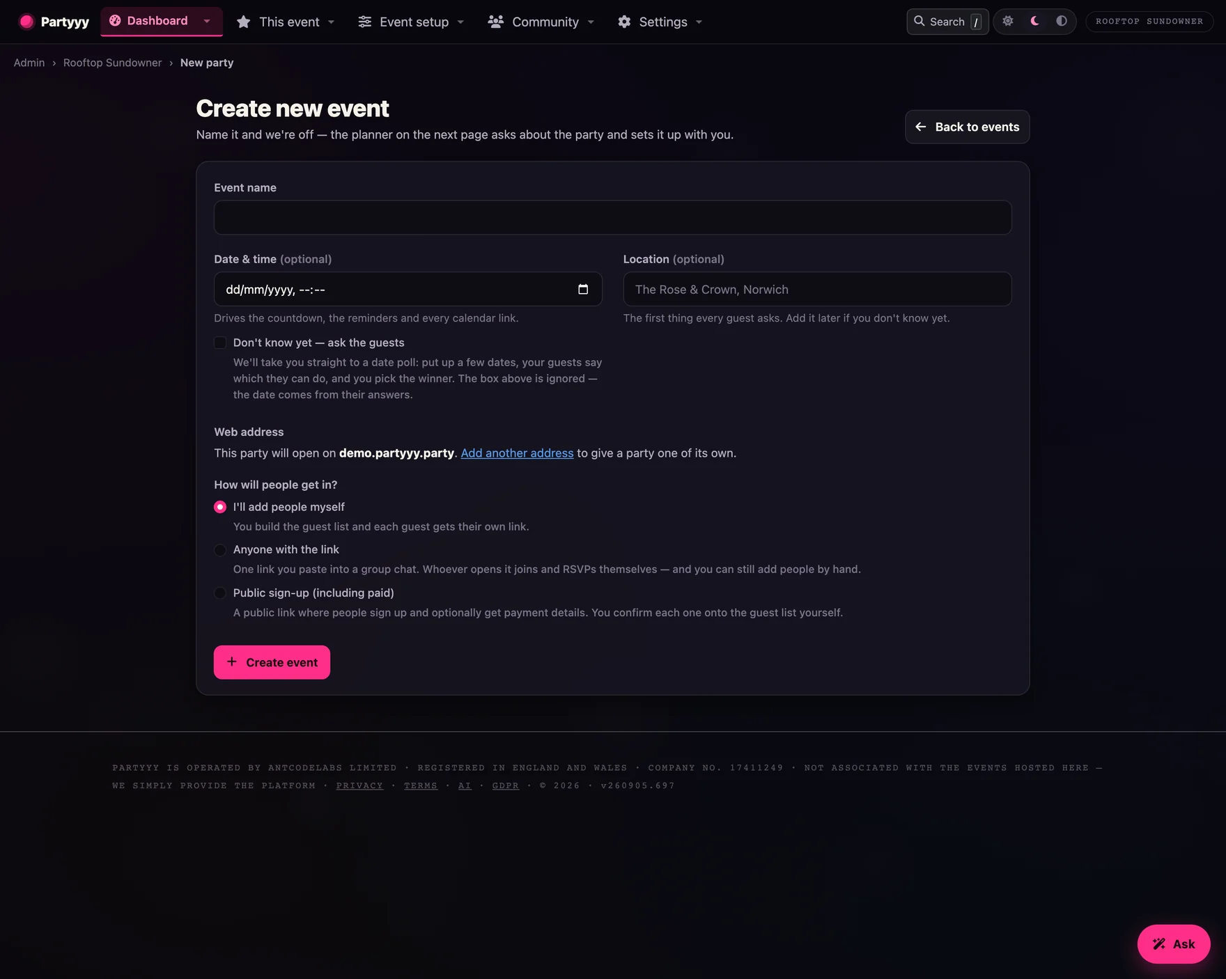 The create-a-party form: a name, an optional date with a 'don't know yet — ask the guests' box under it, a location, and how people get in — add them yourself, anyone with the link, or public sign-up