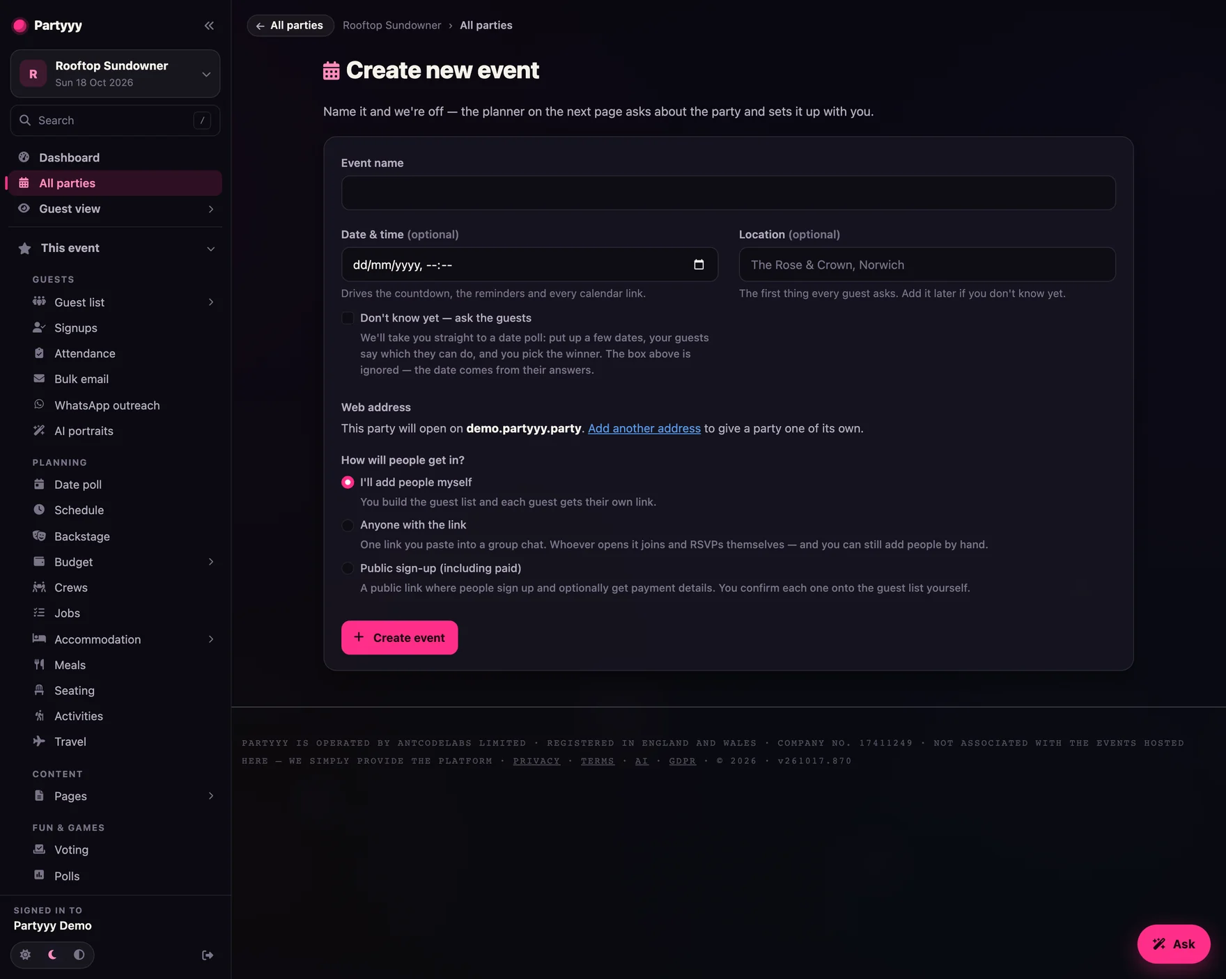 The create-a-party form: a name, an optional date with a 'don't know yet — ask the guests' box under it, a location, and how people get in — add them yourself, anyone with the link, or public sign-up