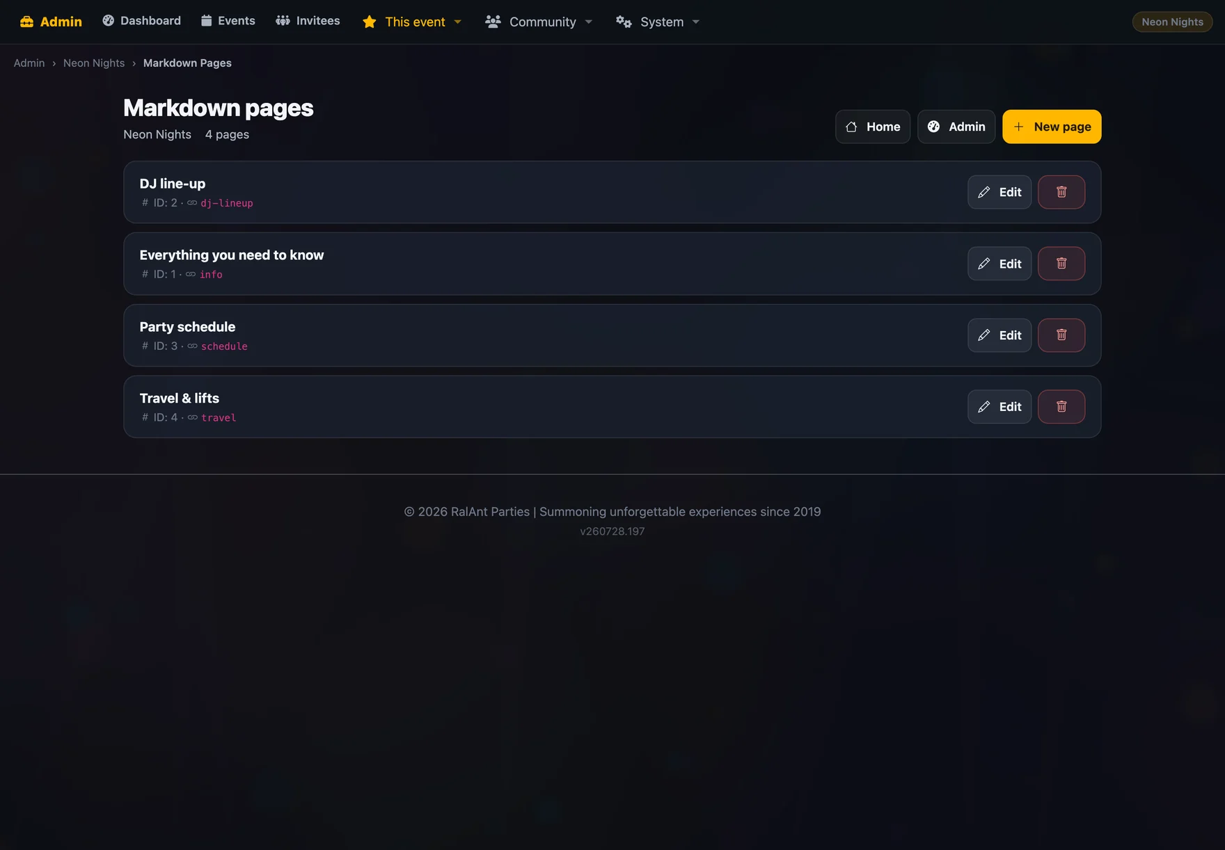 Markdown page list for an event