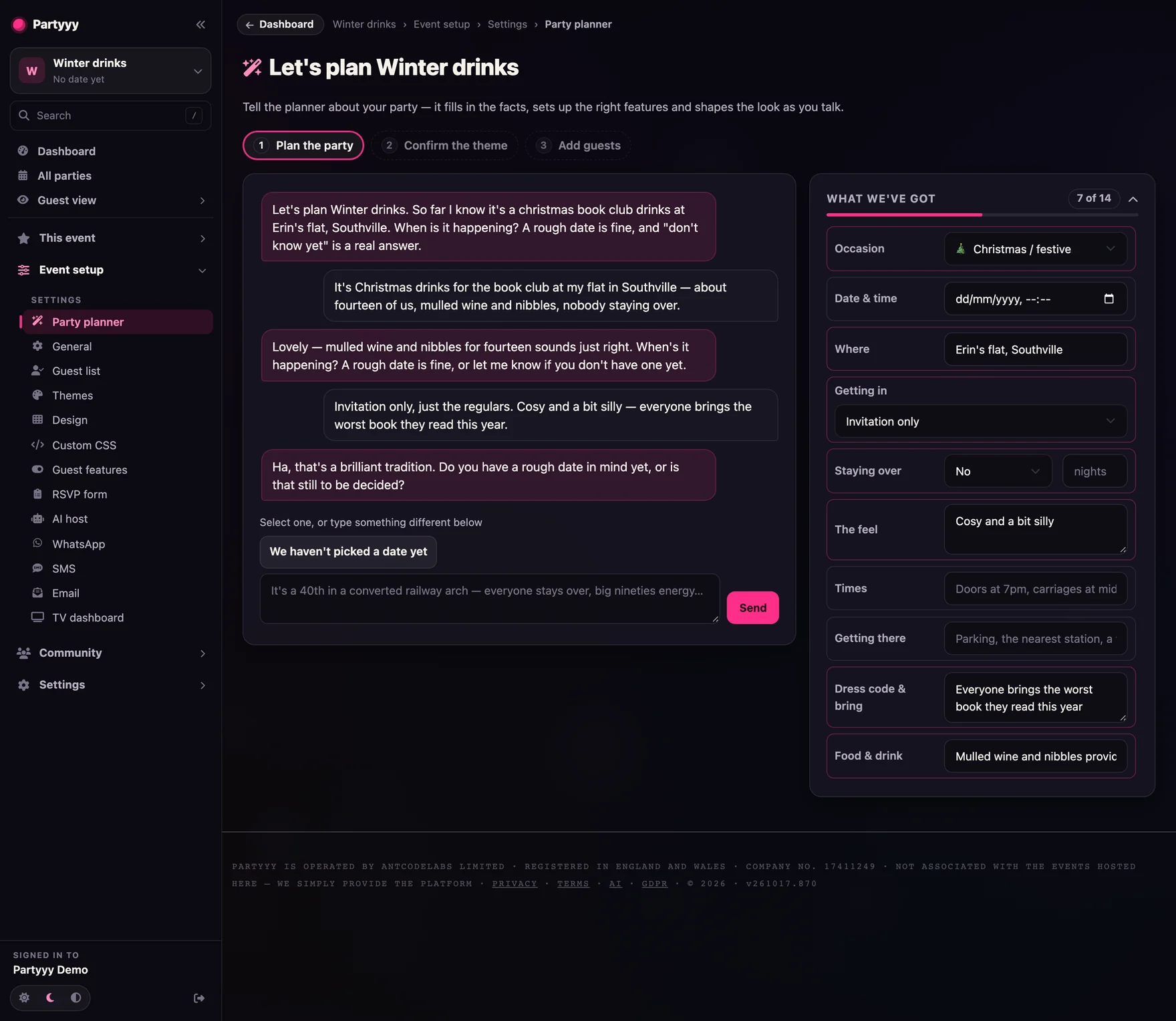 The party planner asking about a party in a chat on the left, with the facts it has gathered so far as a form on the right