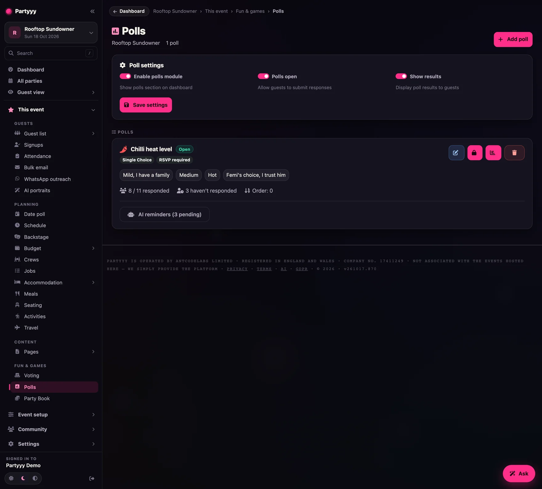 Poll admin with question list, response counts and controls
