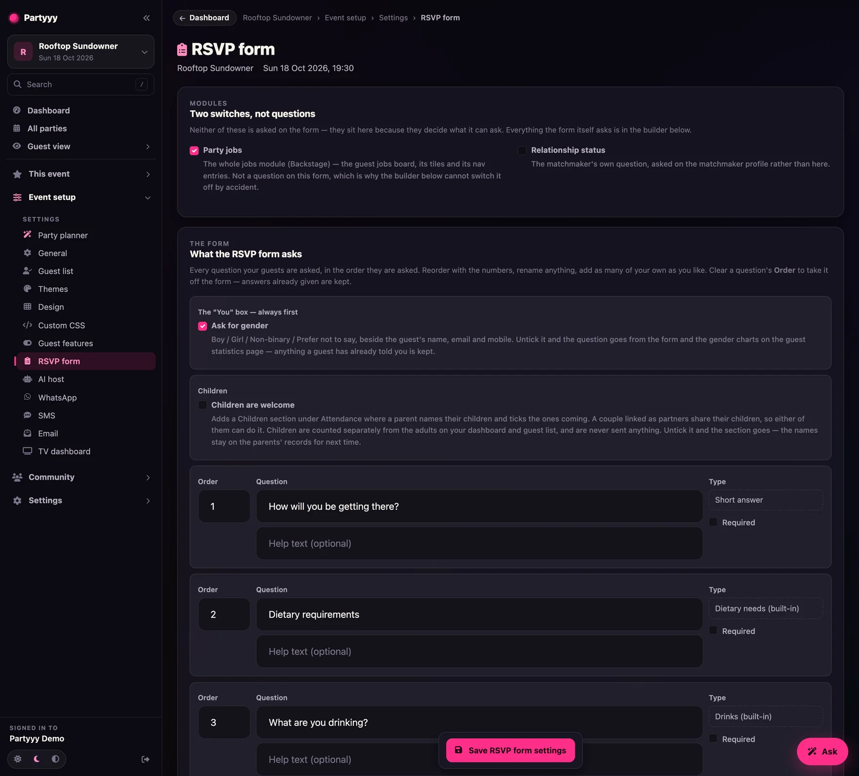 RSVP form settings with section toggles and custom questions