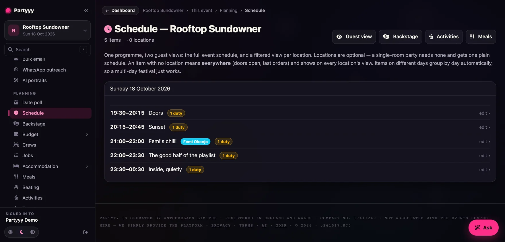 The schedule manager with the programme timed out and an act named against its slot