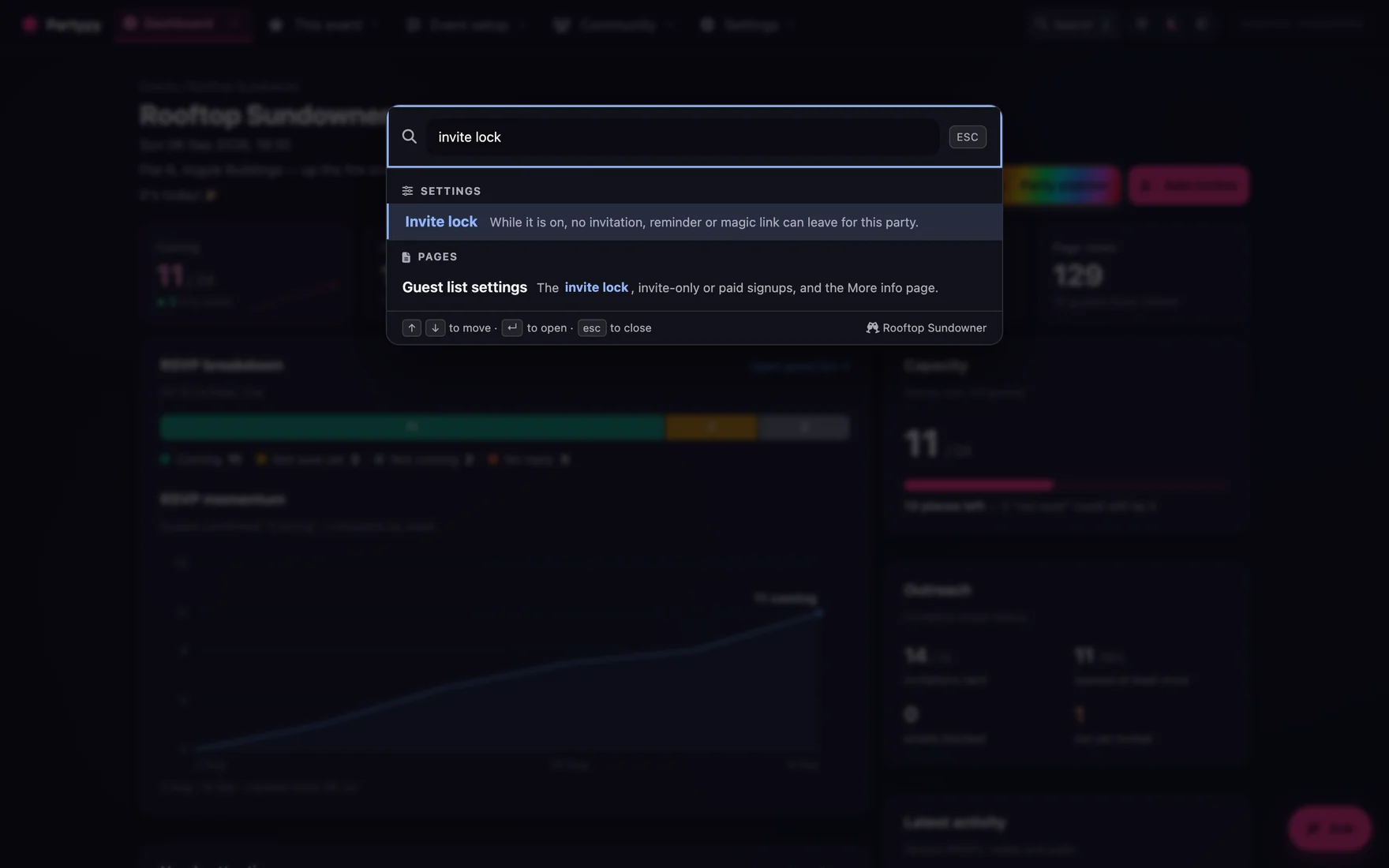 The console search palette open over the dashboard, with 'invite lock' typed in and the setting and its page offered as results