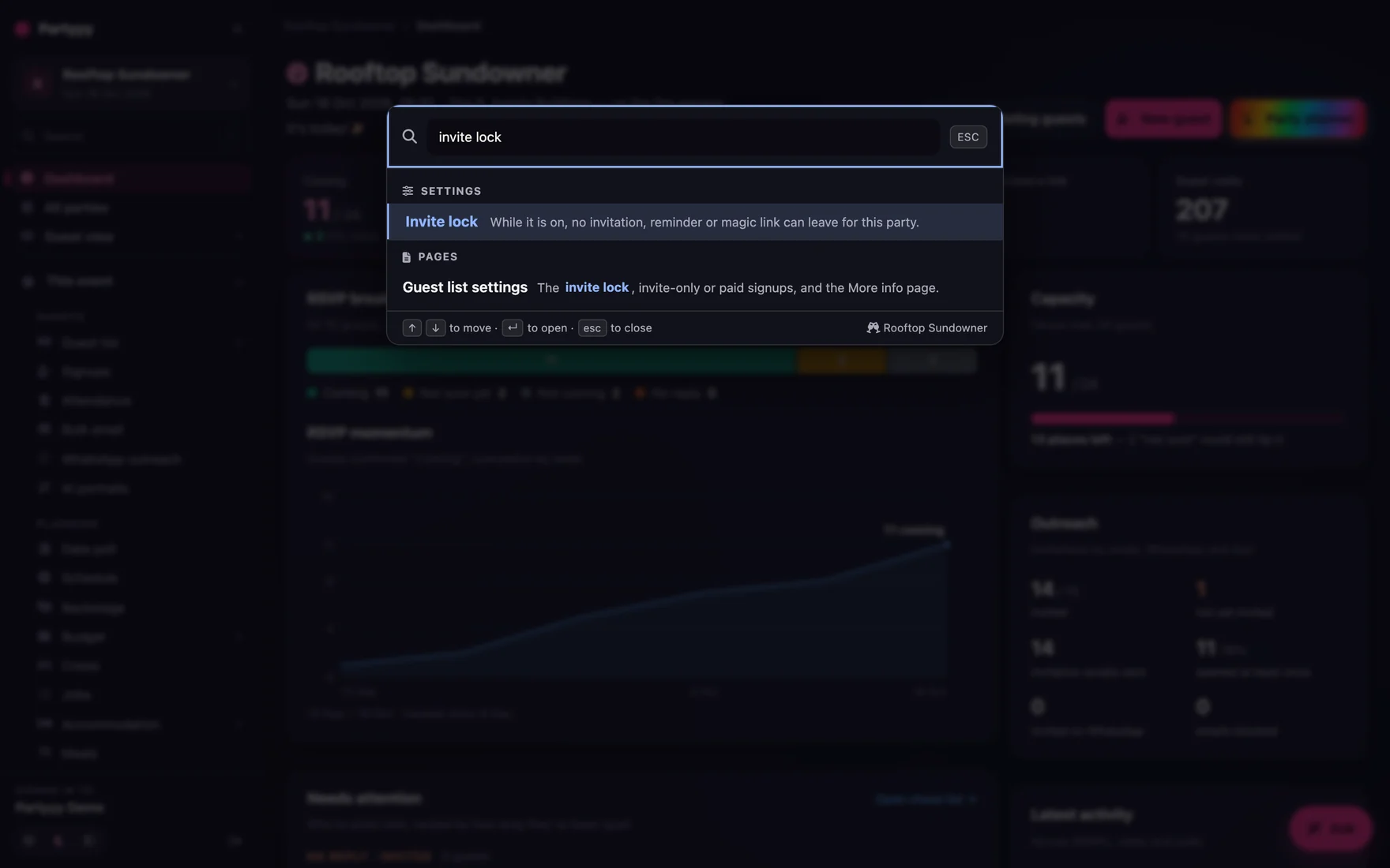 The console search palette open over the dashboard, with 'invite lock' typed in and the setting and its page offered as results