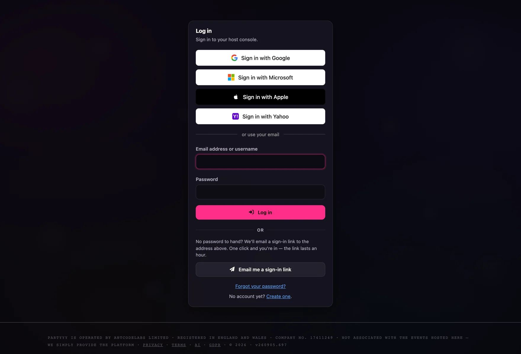 The console sign-in page with Google, Microsoft, Apple and Yahoo buttons above the password form