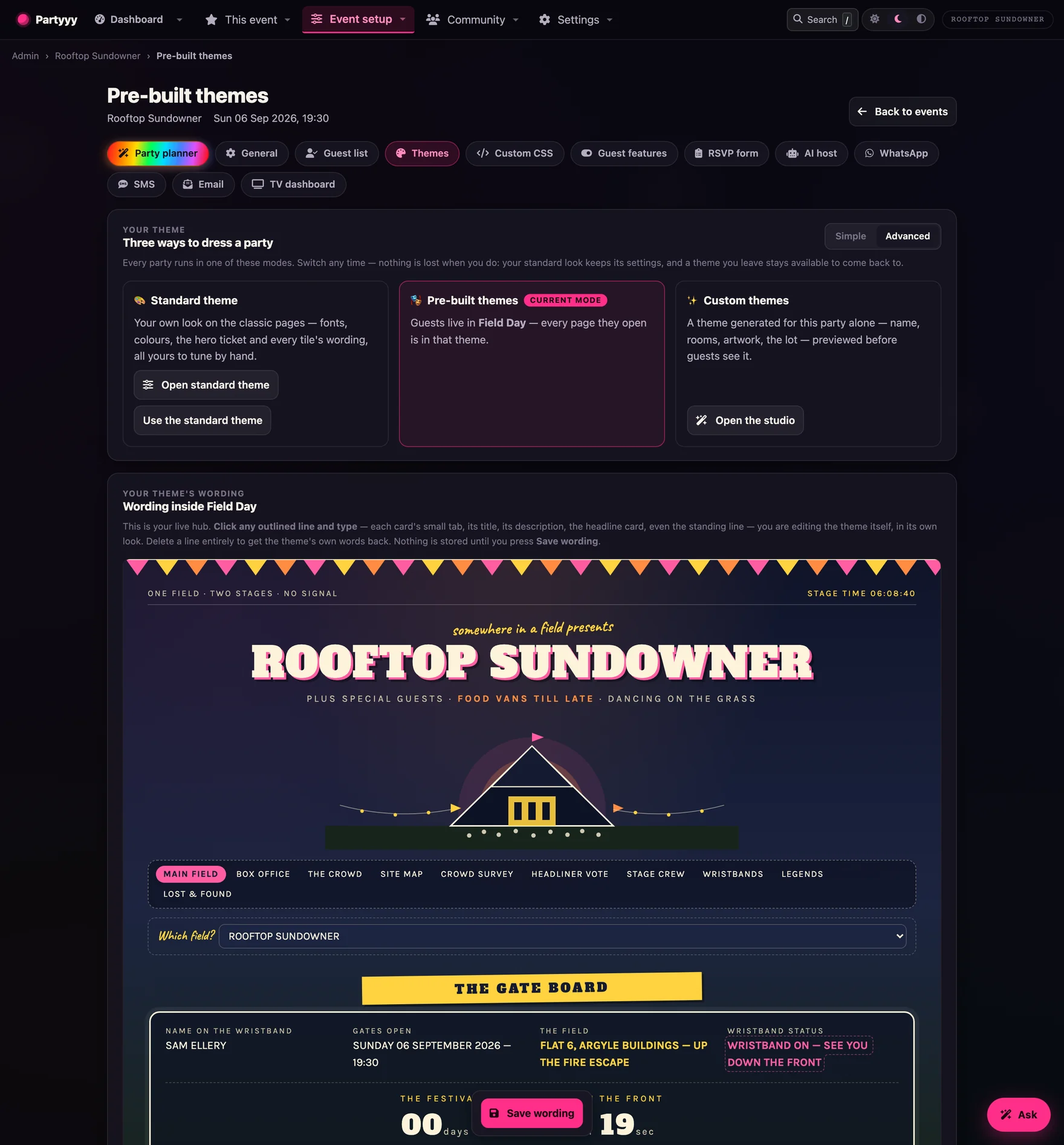 The pre-built themes catalogue: the three modes across the top, and theme cards each carrying a live miniature of that world's own hub with a Use this theme button