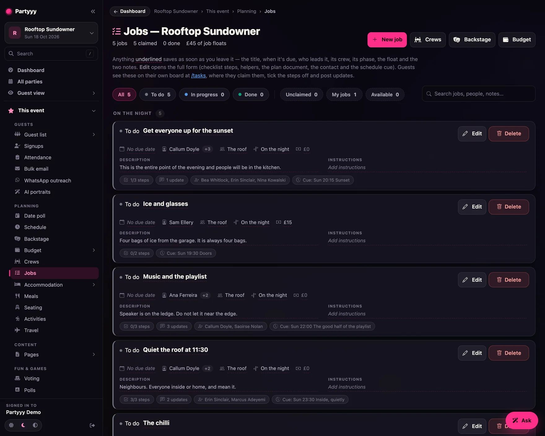 Jobs board admin grid with leaders, phases, budgets and statuses