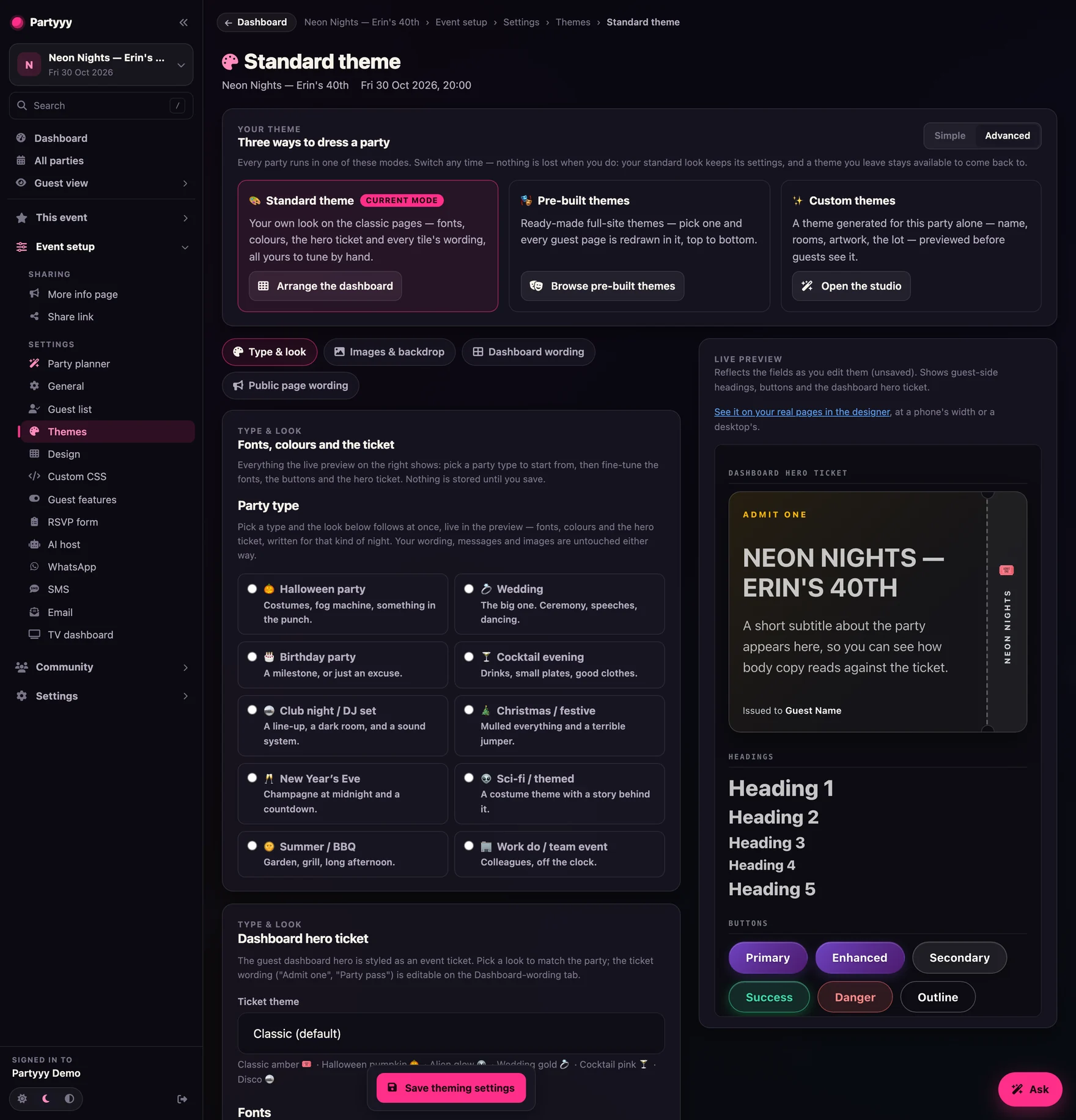 The standard theme page: party-type chips, font and palette pickers, and a live phone preview