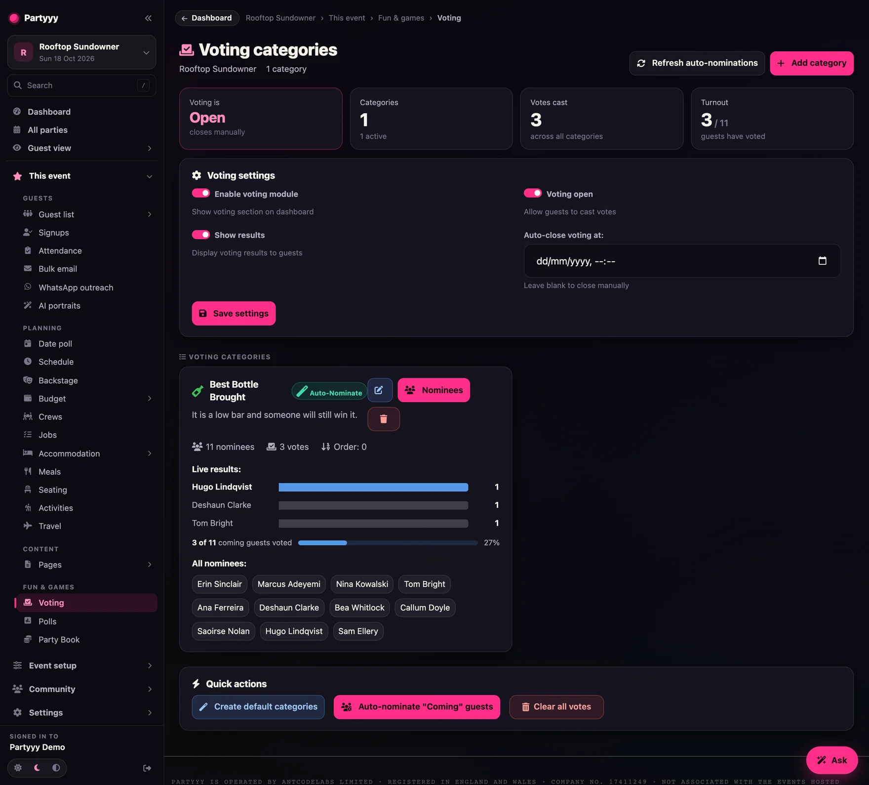Voting admin with categories, nominations and live counts
