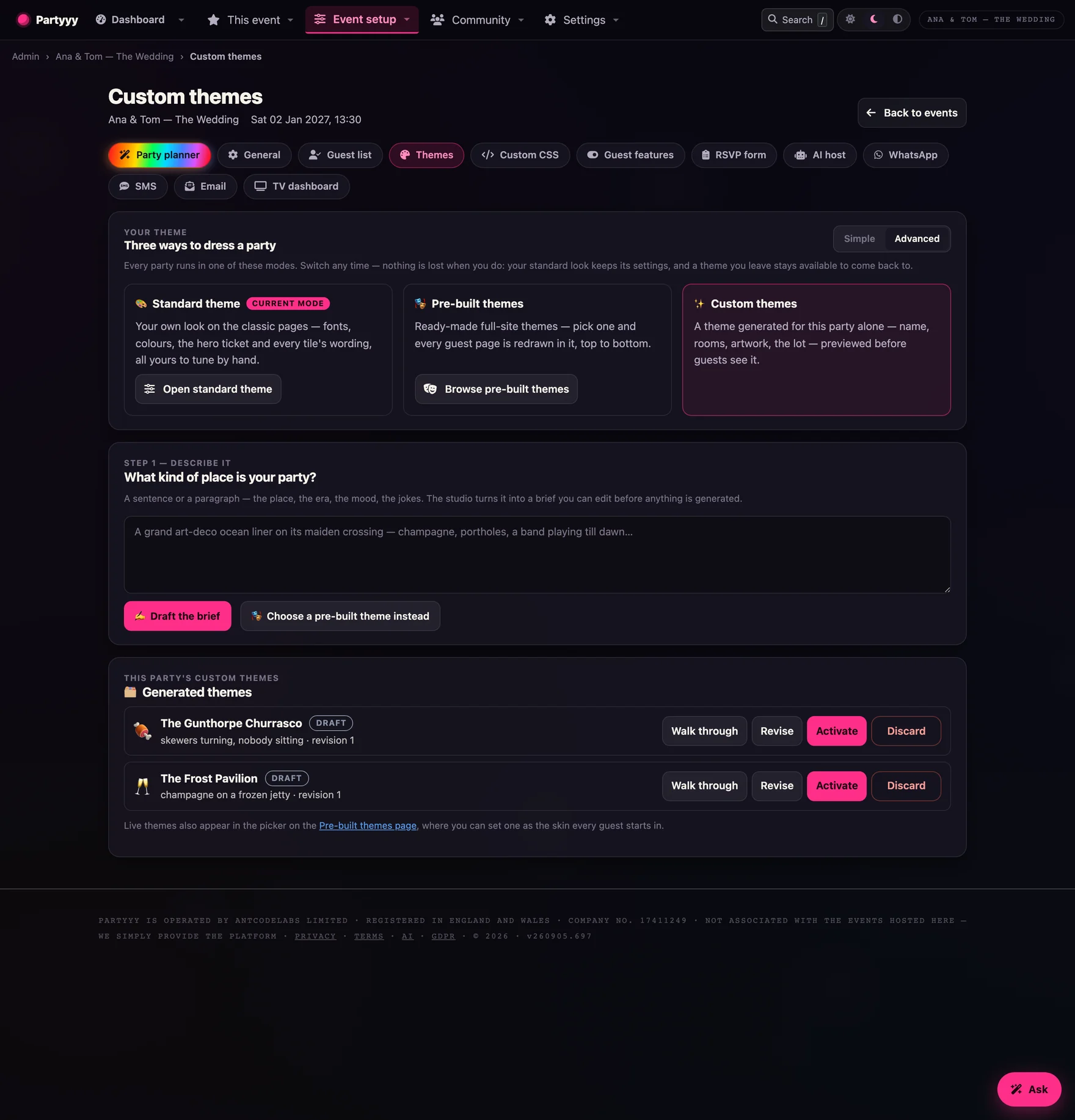 The custom themes page: a box to describe the party, and two generated themes in draft with walk-through, revise, activate and discard buttons