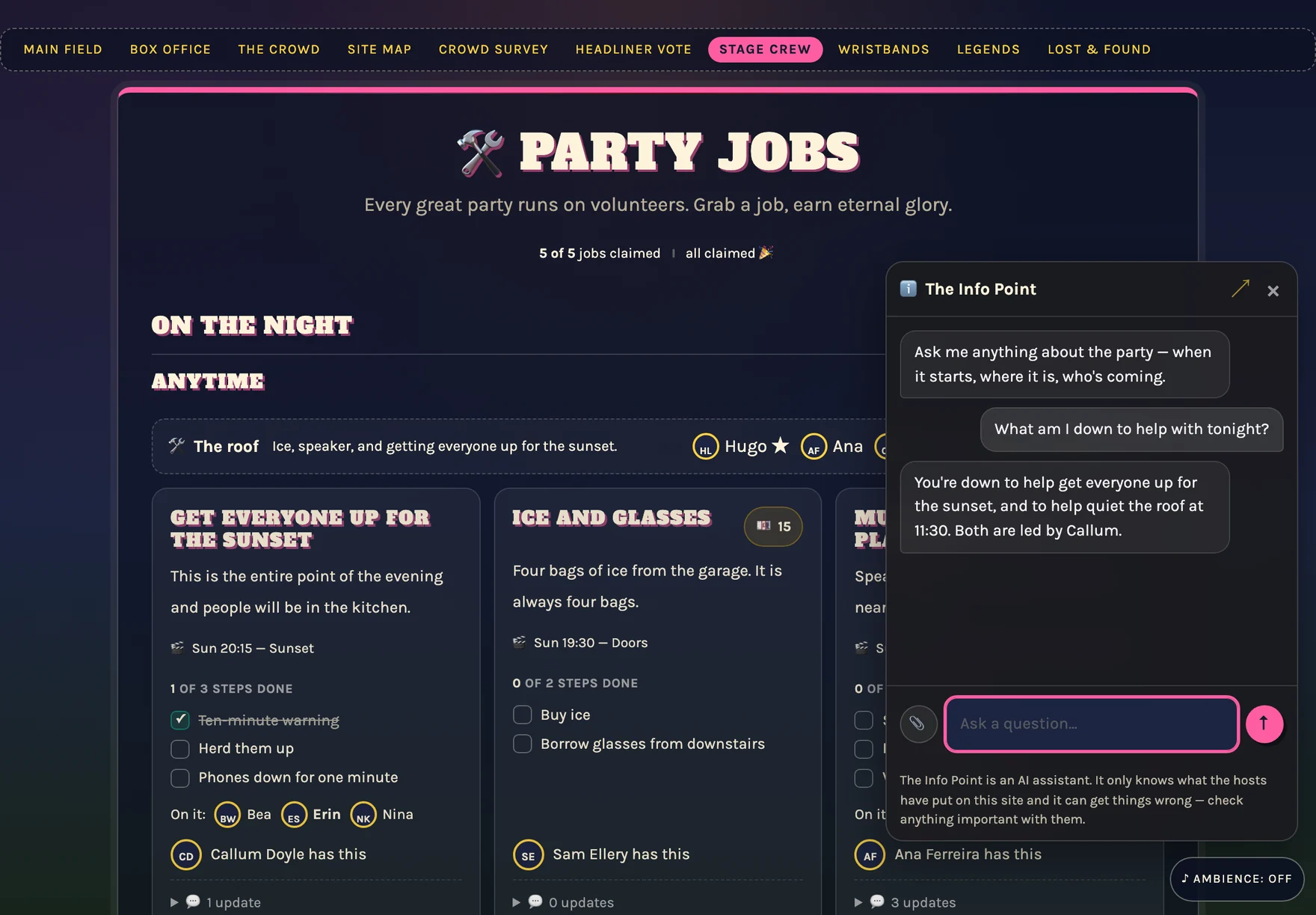 The same guest bubble inside the Field Day pre-built theme, renamed The Info Point, telling a guest which job they lead tonight