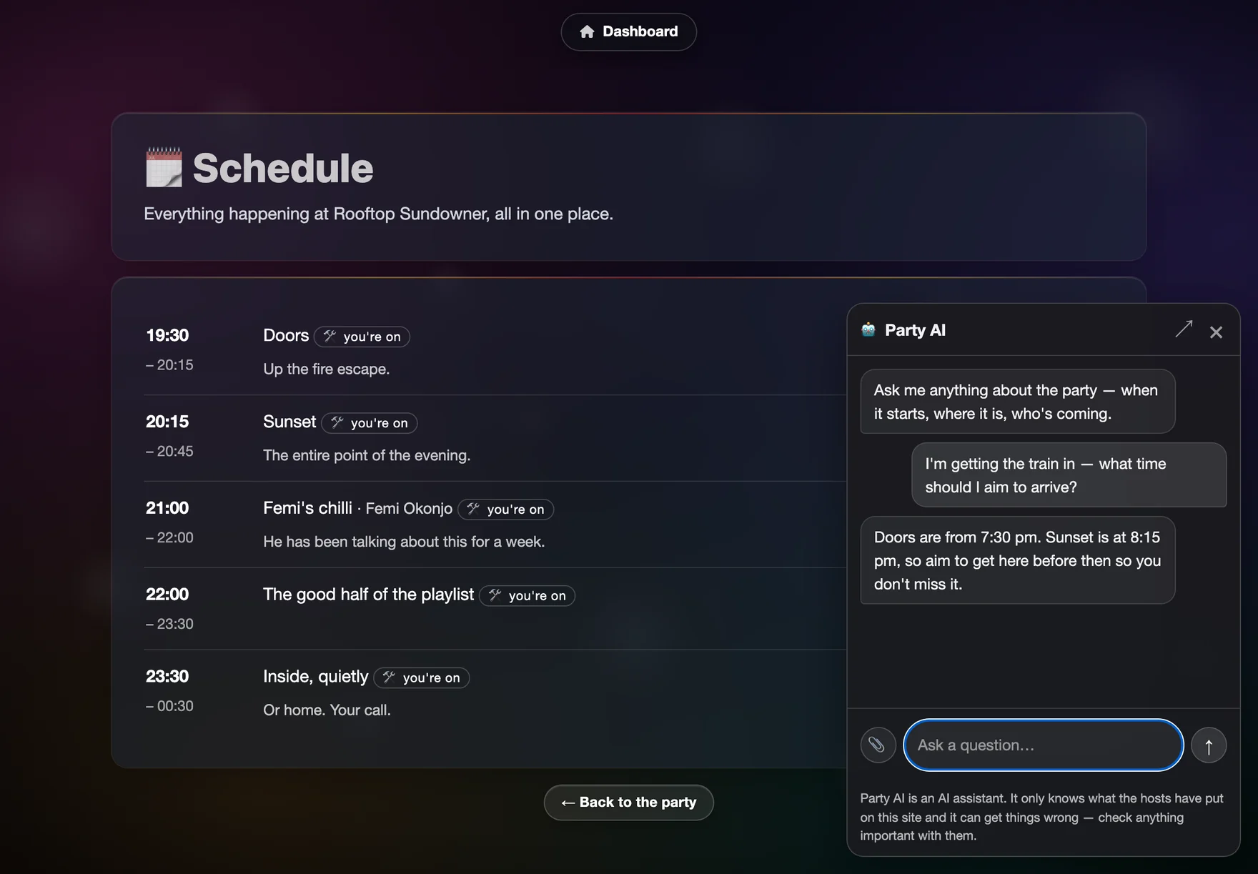 A guest reading the schedule and asking the party AI in the corner of the page what time to aim to arrive