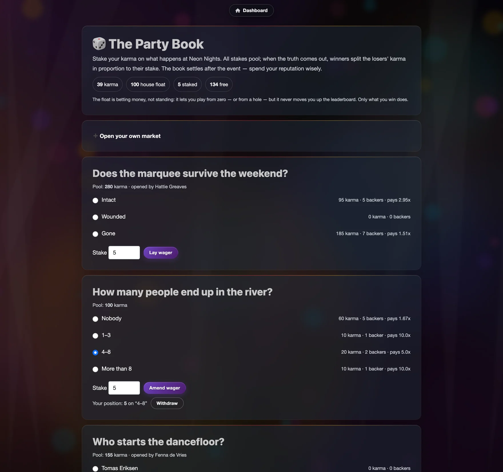 The Party Book with open markets and staked karma