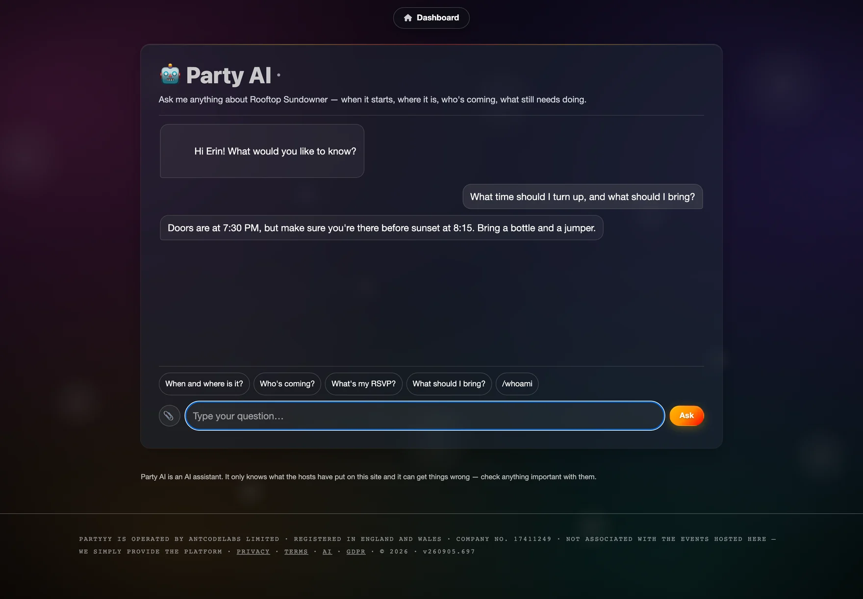 The full party AI chat page, with a guest asking what time to turn up and what to bring