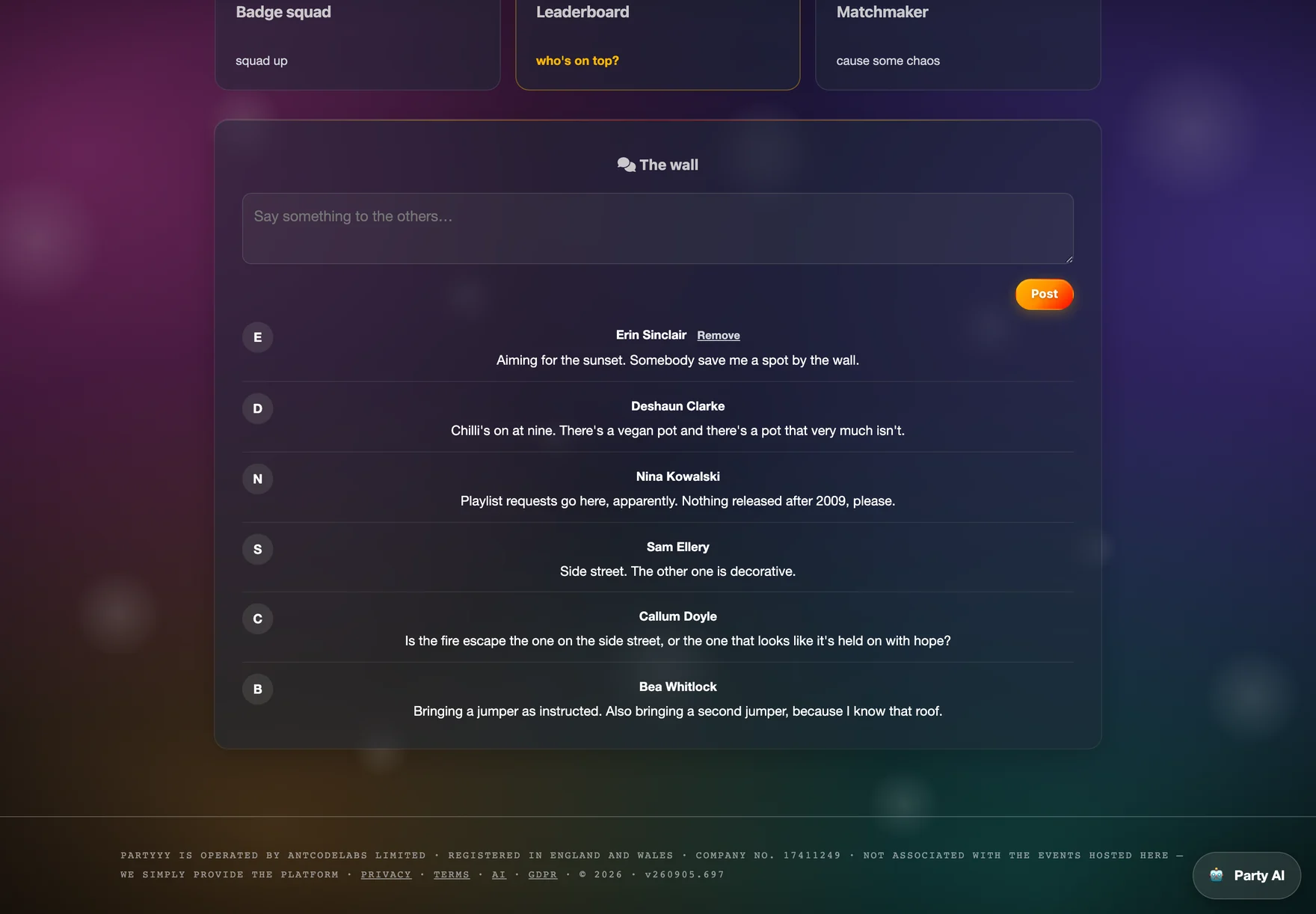 The wall on the party page: a comment box and six guests' comments about jumpers, the fire escape and the chilli