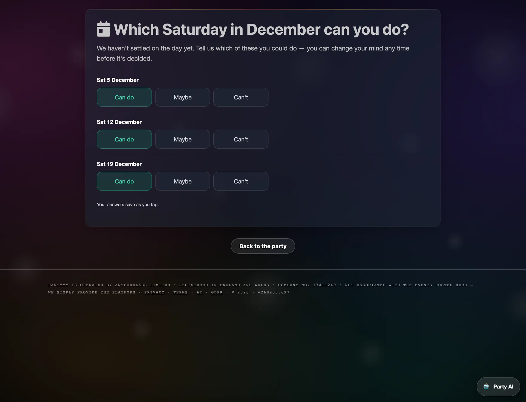 A guest's date poll: three Saturdays in December, each with yes, maybe and no buttons, the chosen answers highlighted