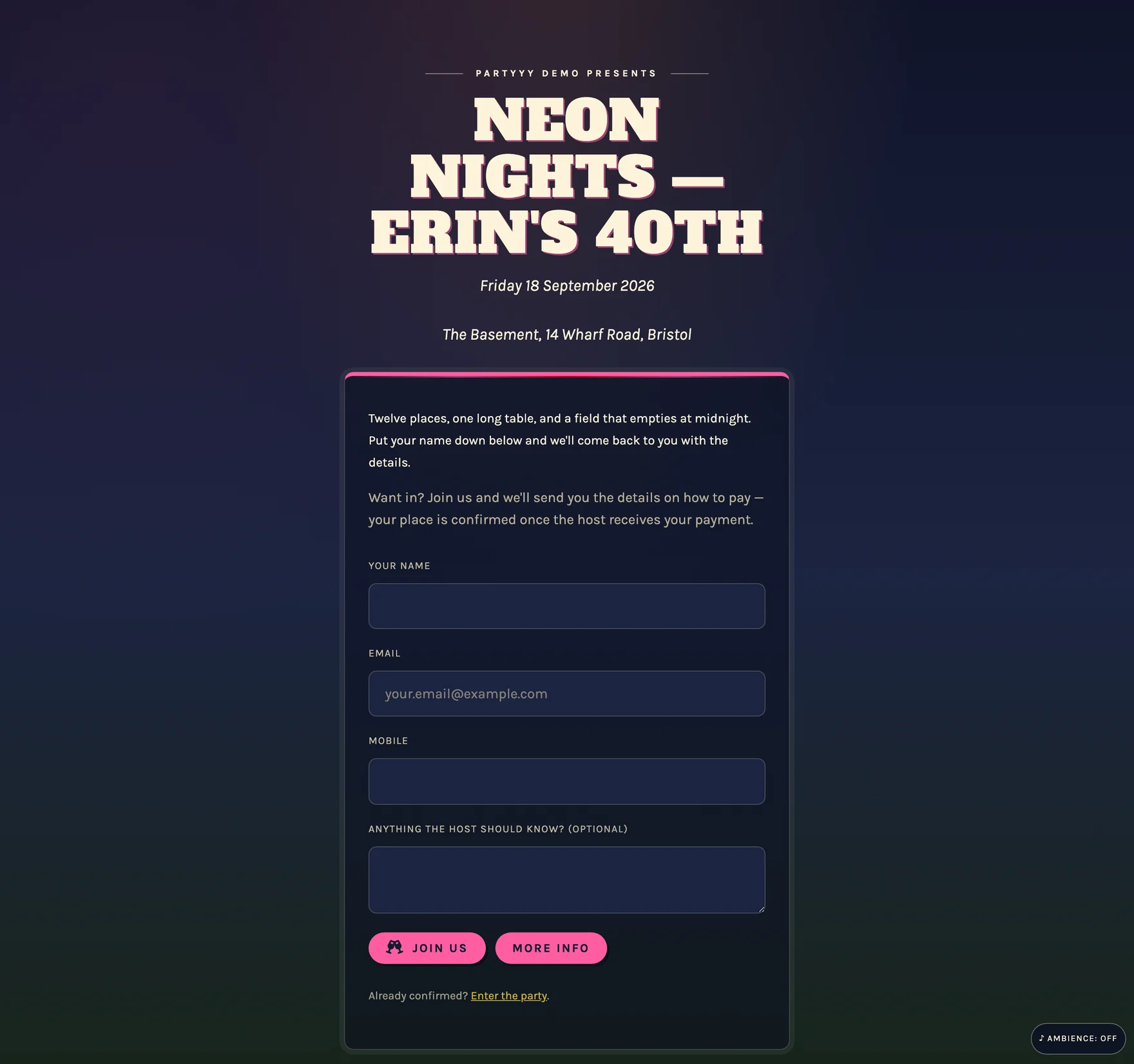 The public join page for Neon Nights in the party's own theme: the intro, the sign-up form and the Join us and More info buttons