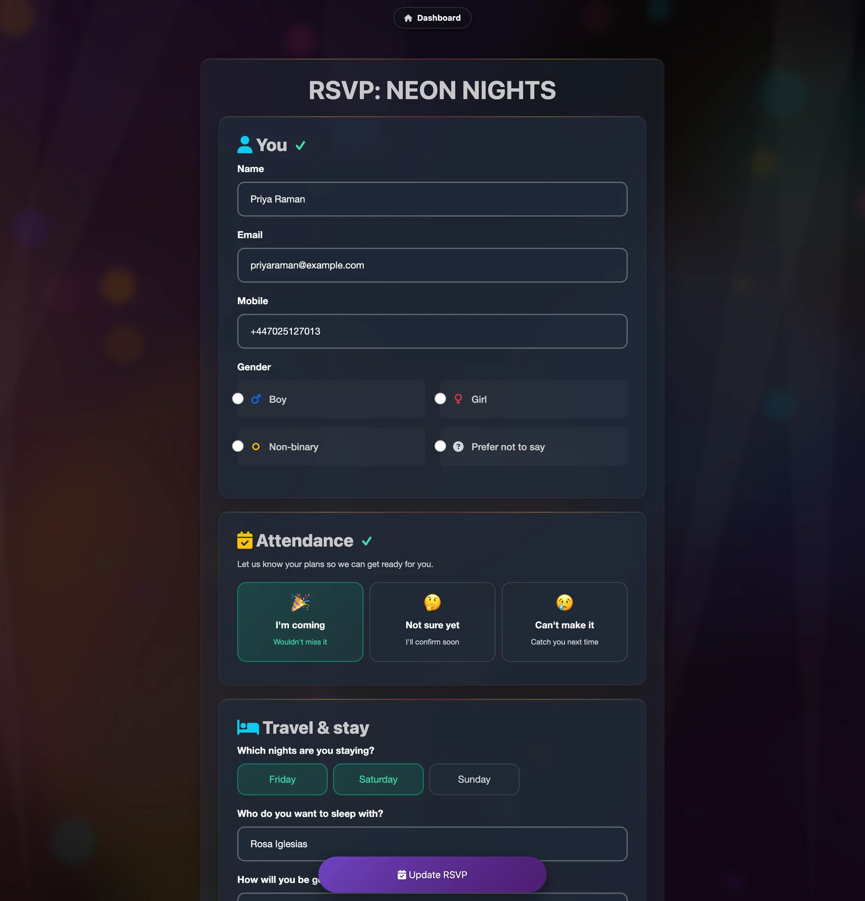 Full RSVP form with attendance, travel, dietary and custom questions
