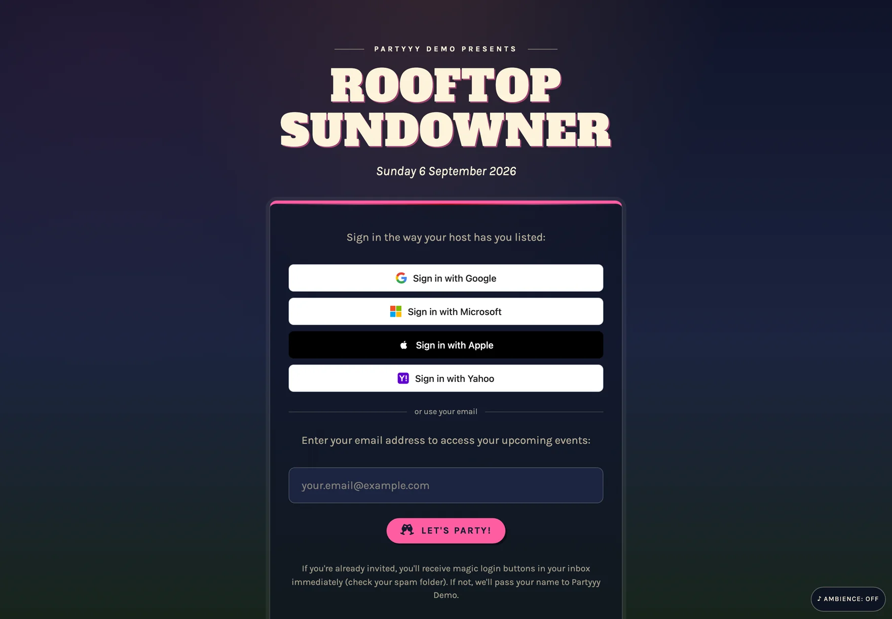 A party's pre-login box: sign in with Google, Microsoft, Apple or Yahoo, or type an email address