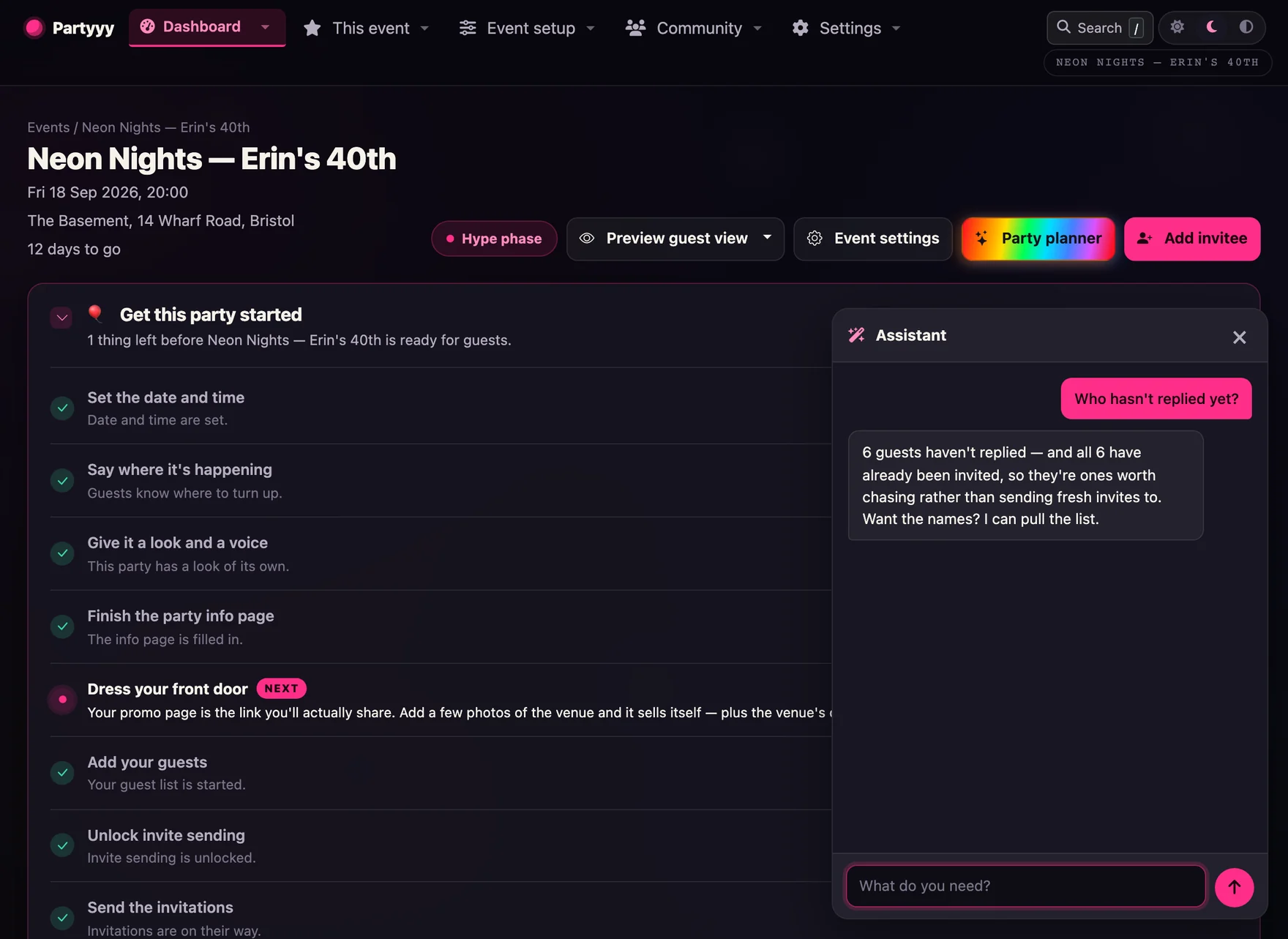 The host assistant open over the event dashboard, answering that six guests haven't replied and that all six were already sent invitations, so they need chasing rather than sending to
