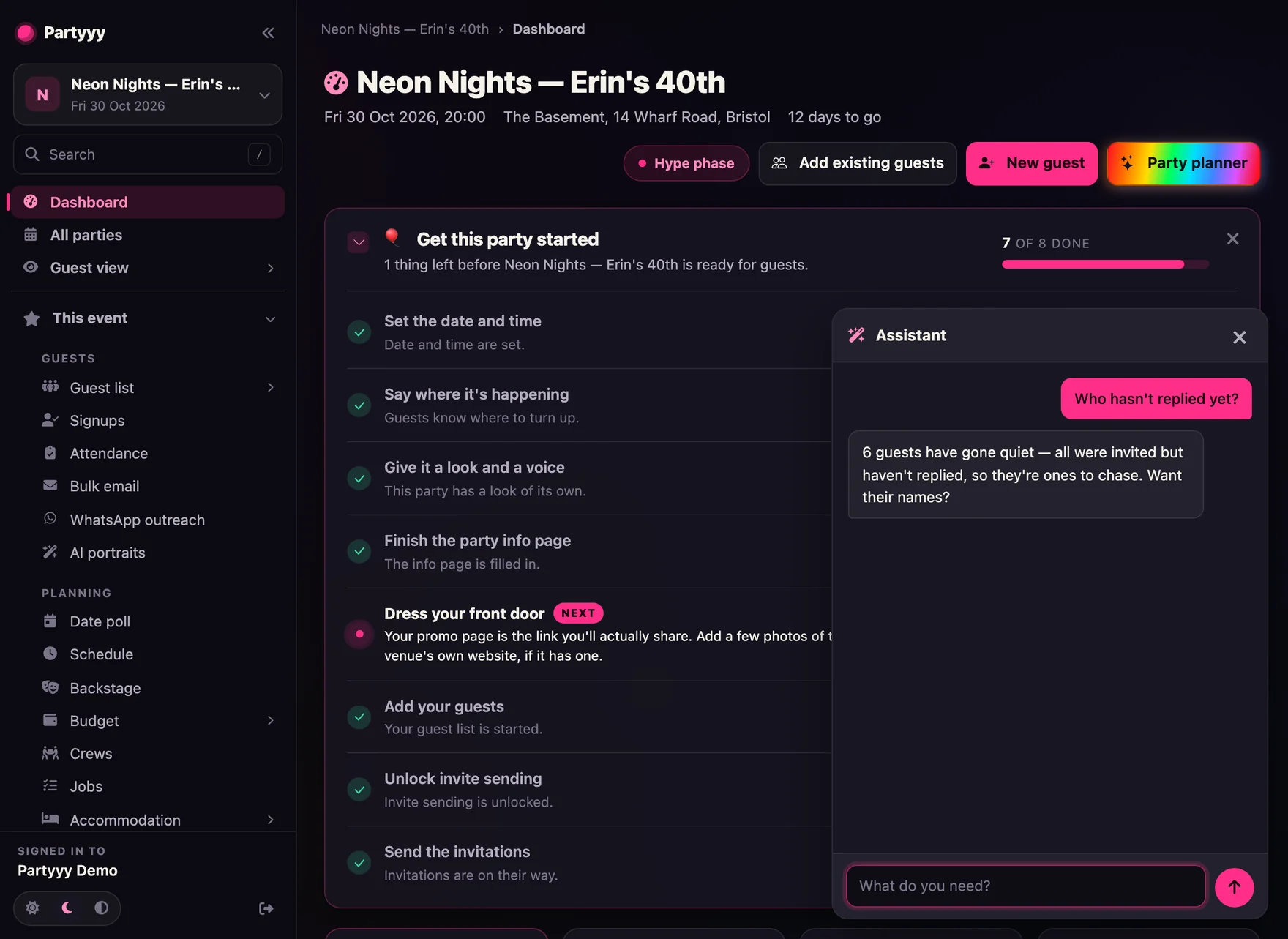The host assistant open over the event dashboard, answering that six guests haven't replied and that all six were already sent invitations, so they are chase candidates rather than new sends