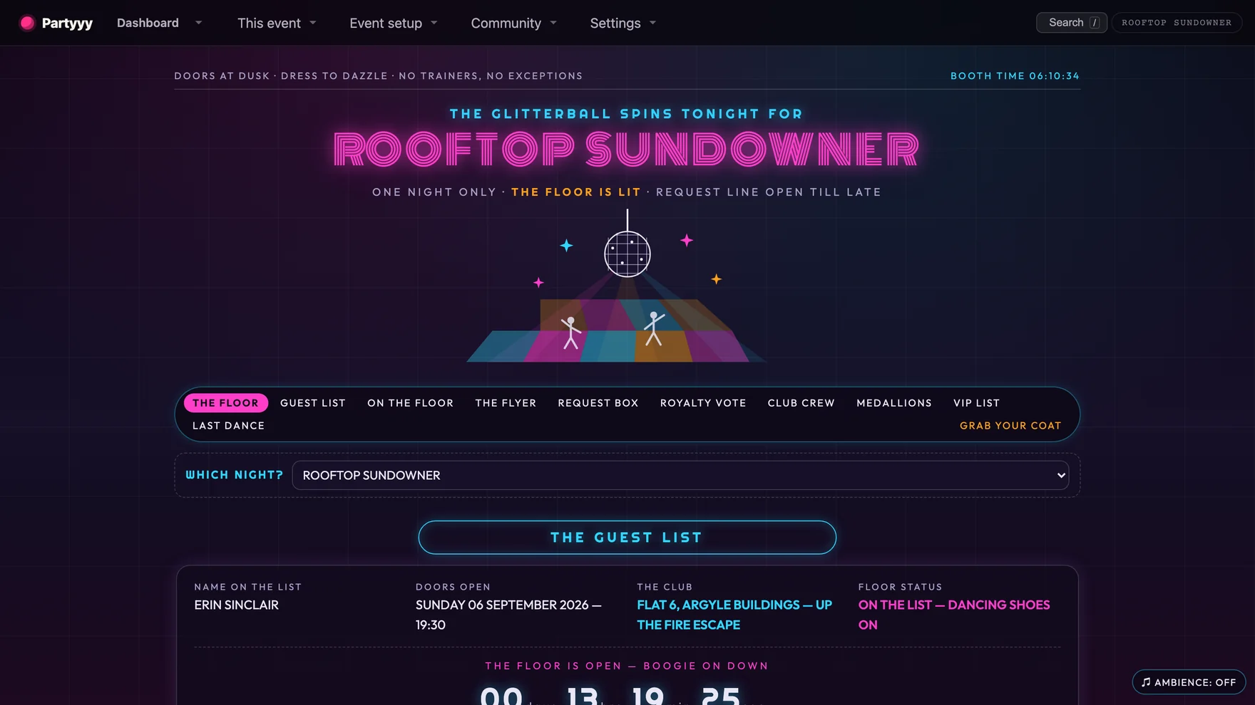 The Boogie Nights hub — glitterball and neon over a lit dance floor