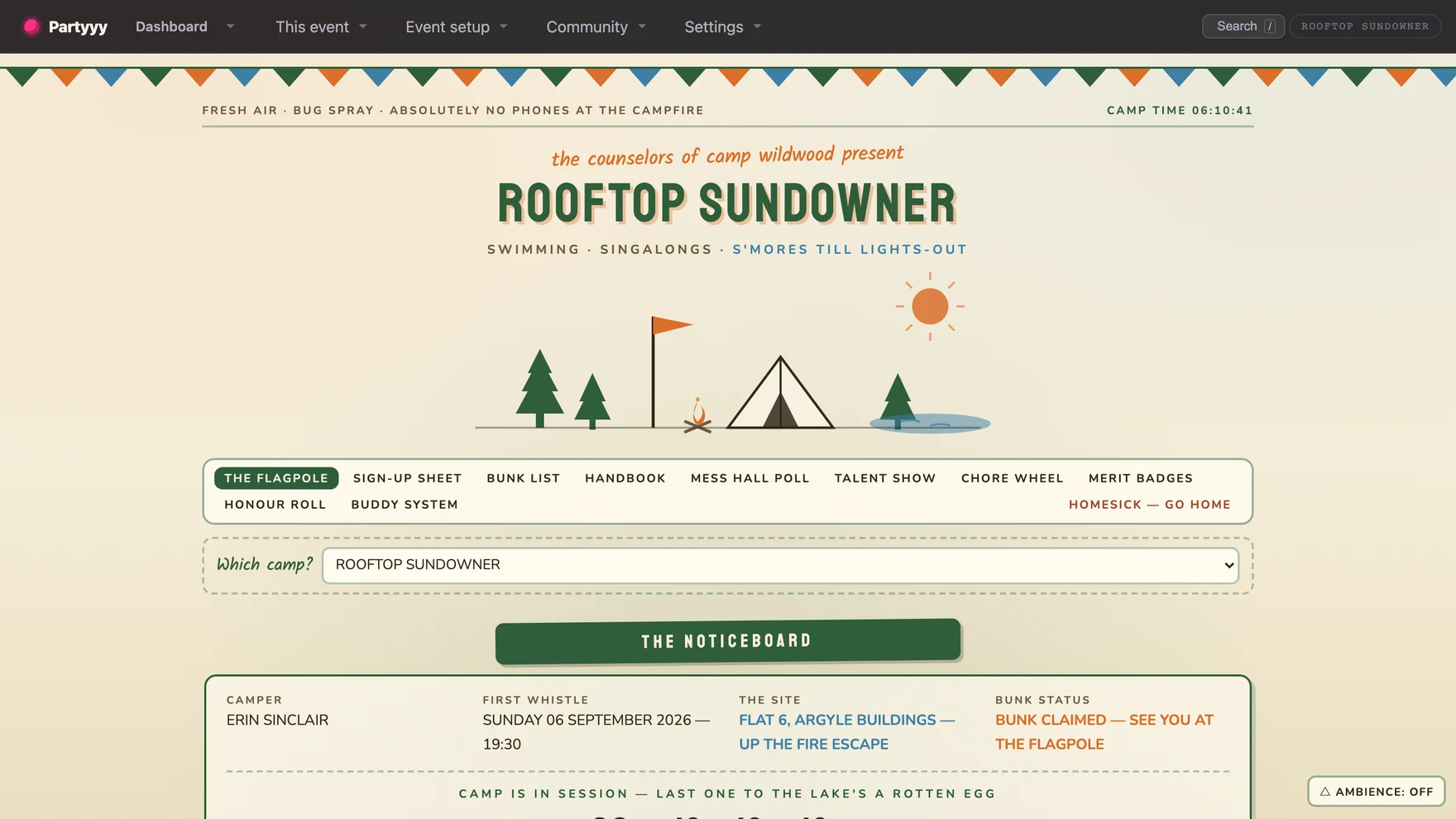 The Camp Wildwood hub — pennants over a campsite in daylight