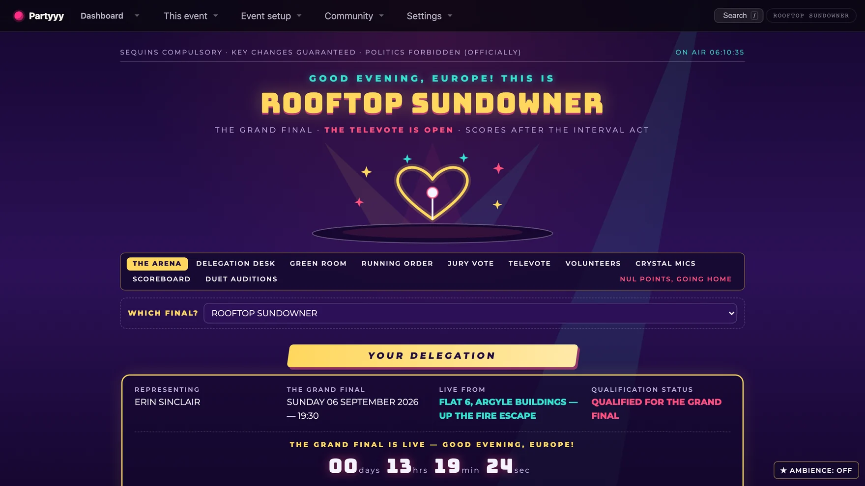 The Eurovision Night hub — arena spotlights and a delegation card