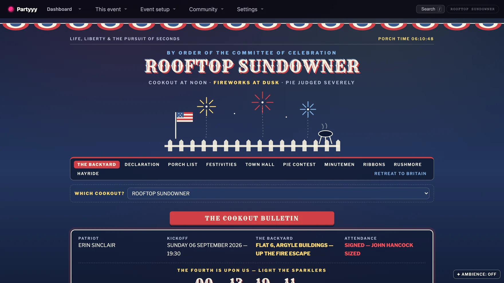 The Stars and Stripes hub — fireworks over a backyard picket fence