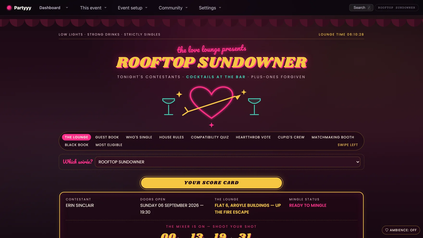 The Love Lounge hub — velvet curtain, neon heart and a score card