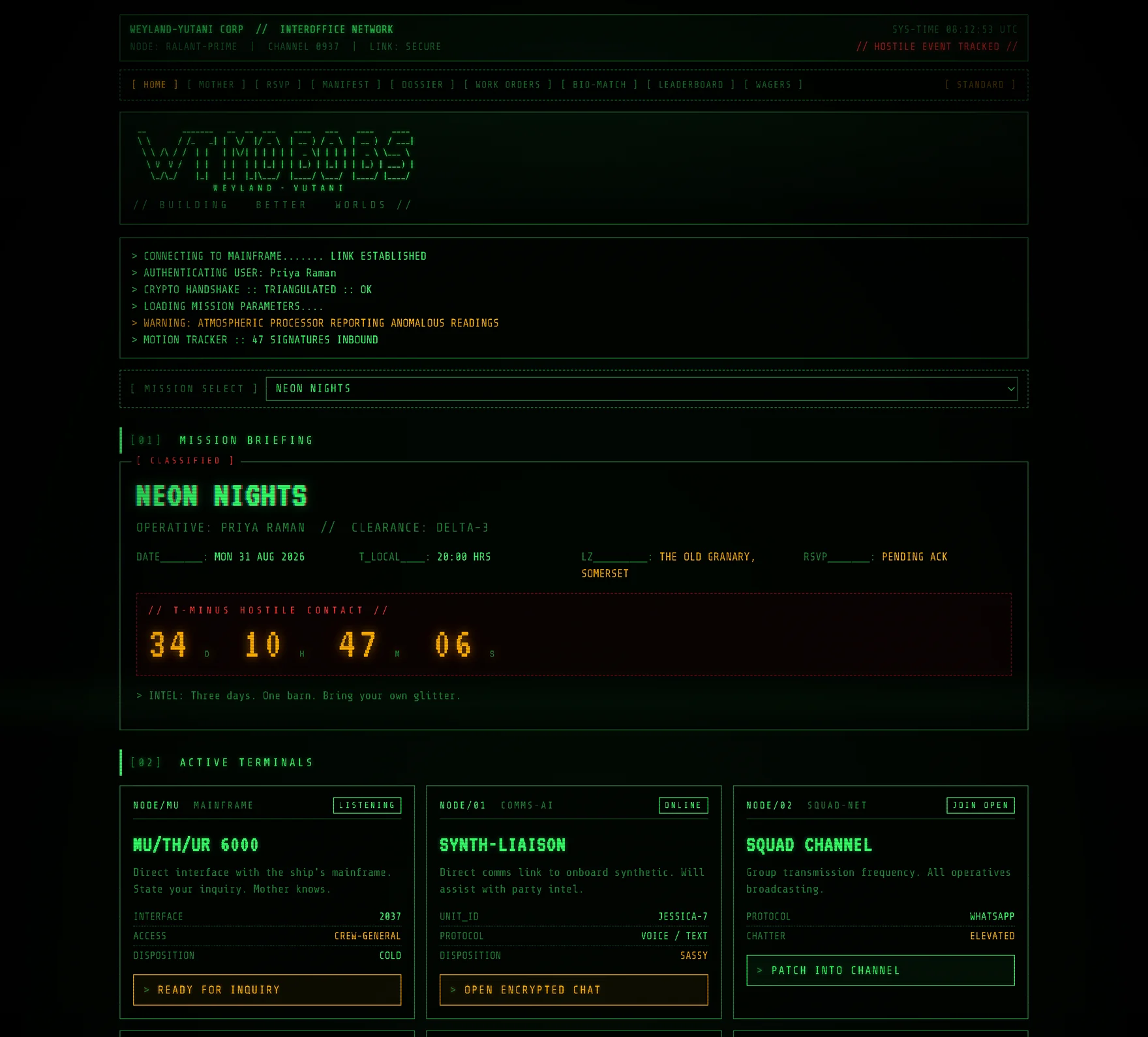 The guest dashboard reskinned as a green phosphor terminal