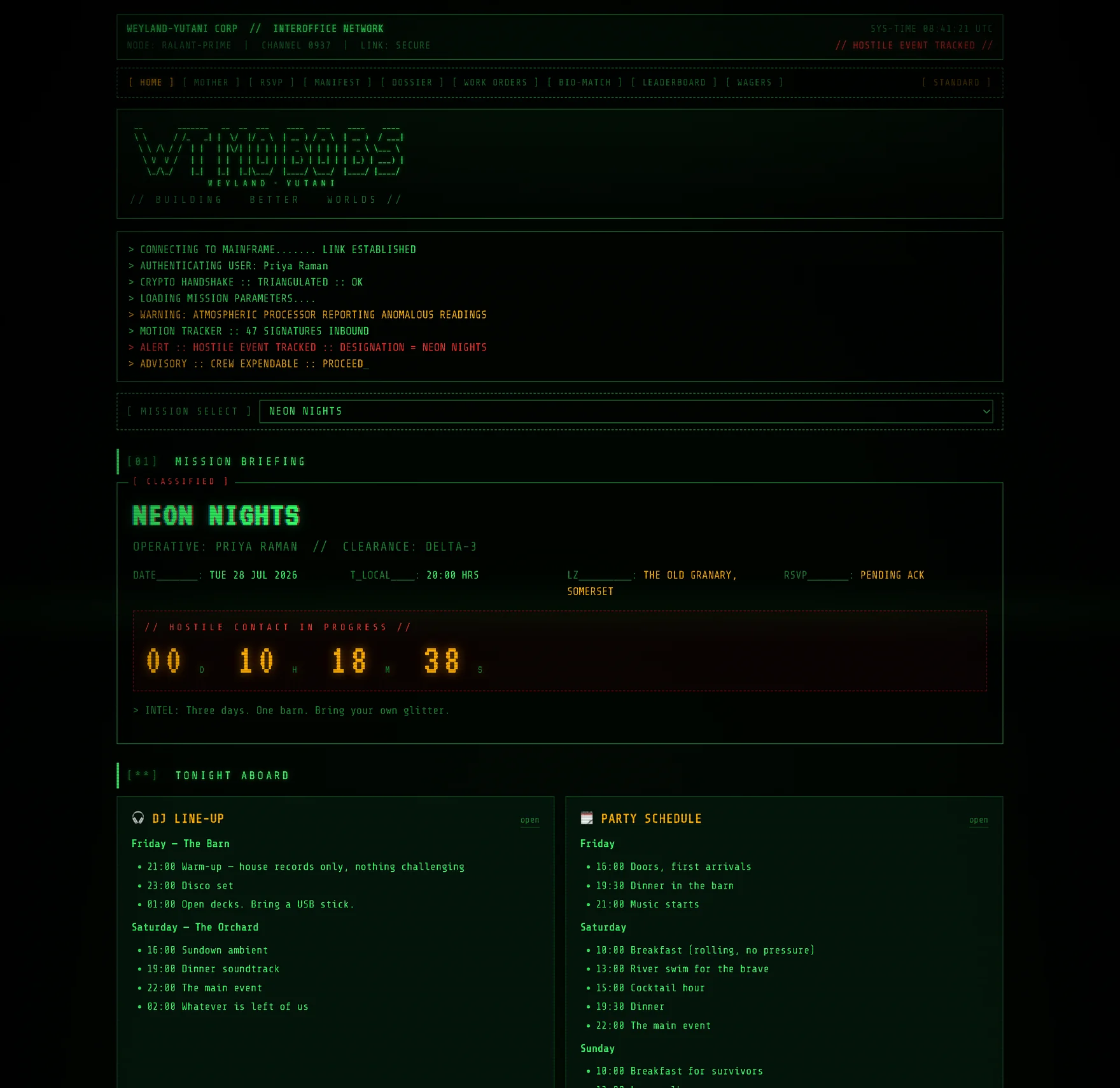 The terminal on party day, showing the line-up